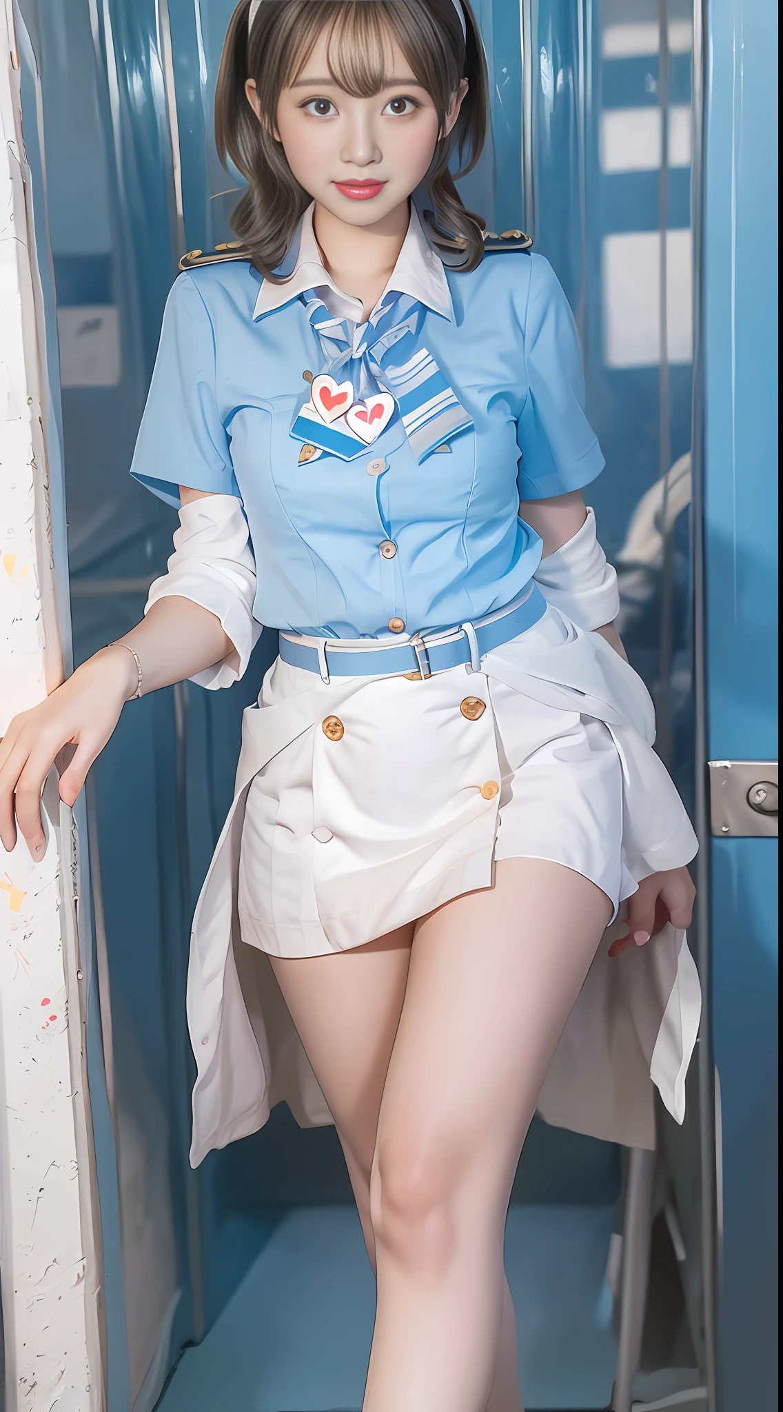 The painting style is soft, childish and cute, rich ancient style, flowing and moving, fleshy and full, girly heart, sweet and lovely, flight attendant uniform, simple atmosphere, loose and comfortable, light blue tone, bright and soft lighting. The figure is fat