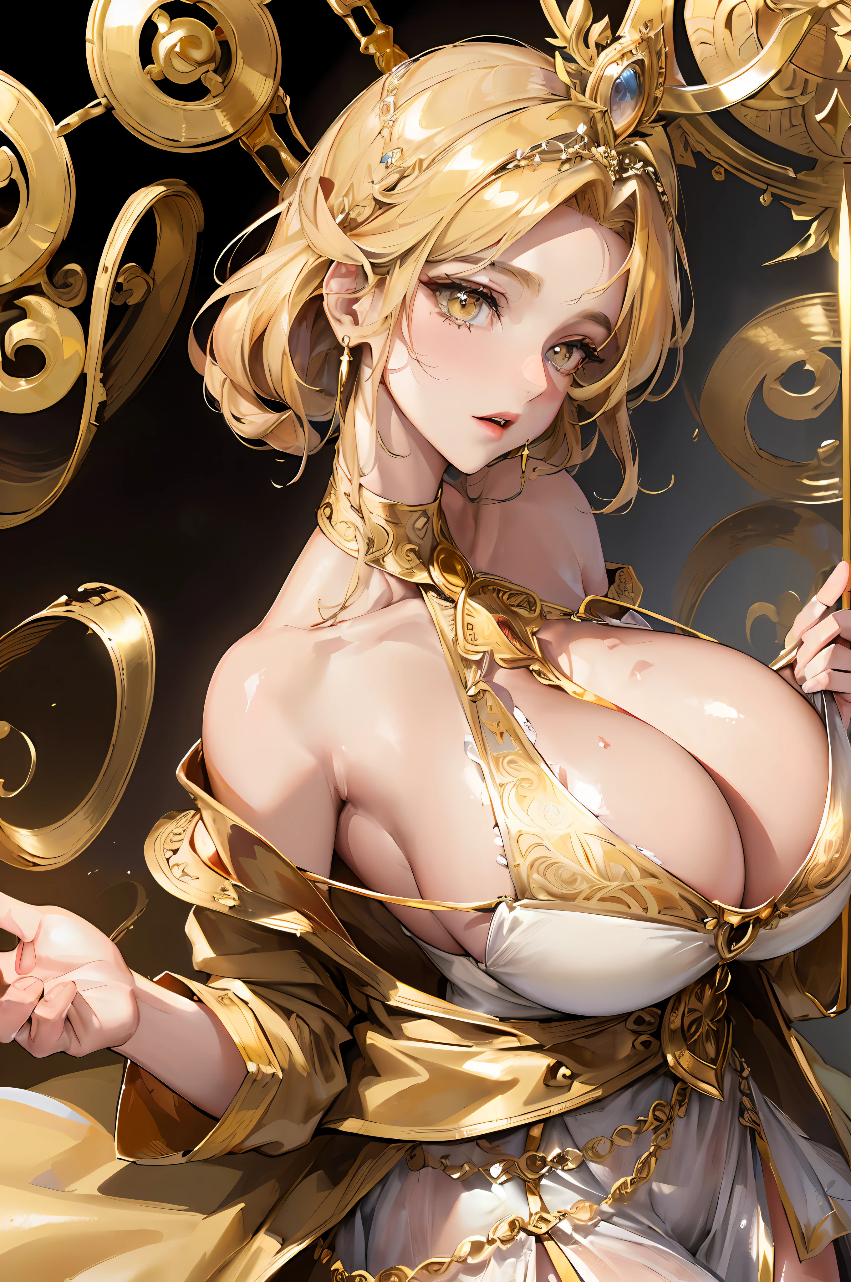 (Hermela, Goddess of Day, Incarnation of Daylight, ((Maiden)), ((Super Huge Breasts))), (Wife), Integrity, Justice, (Extreme Majesty), Golden eyes, golden lips, gold dust, passion like fire, (shaping the glorious atmosphere), fair skin, blonde hair, Mom, (gold trench coat), short hair, Beautiful legs, ancient Greek god costumes, gods of daylight, (lots of exquisite gold jewelry), perfect flesh, full of texture, searing rendering effect, jaw-dropping, Captivating visual enjoyment, ((best quality), ((masterpiece)), maximum clarity, multi-layered texture, super detailed, illustration, (super detailed face), (perfect face), clear texture, fine texture, ultra HD detail display, excellent image performance, high-quality illustration, perfectly fit harmonious tones, deep lines, precise brush strokes, with a strong sense of three-dimensional and delicate wear, wonderful color matching, intricate details