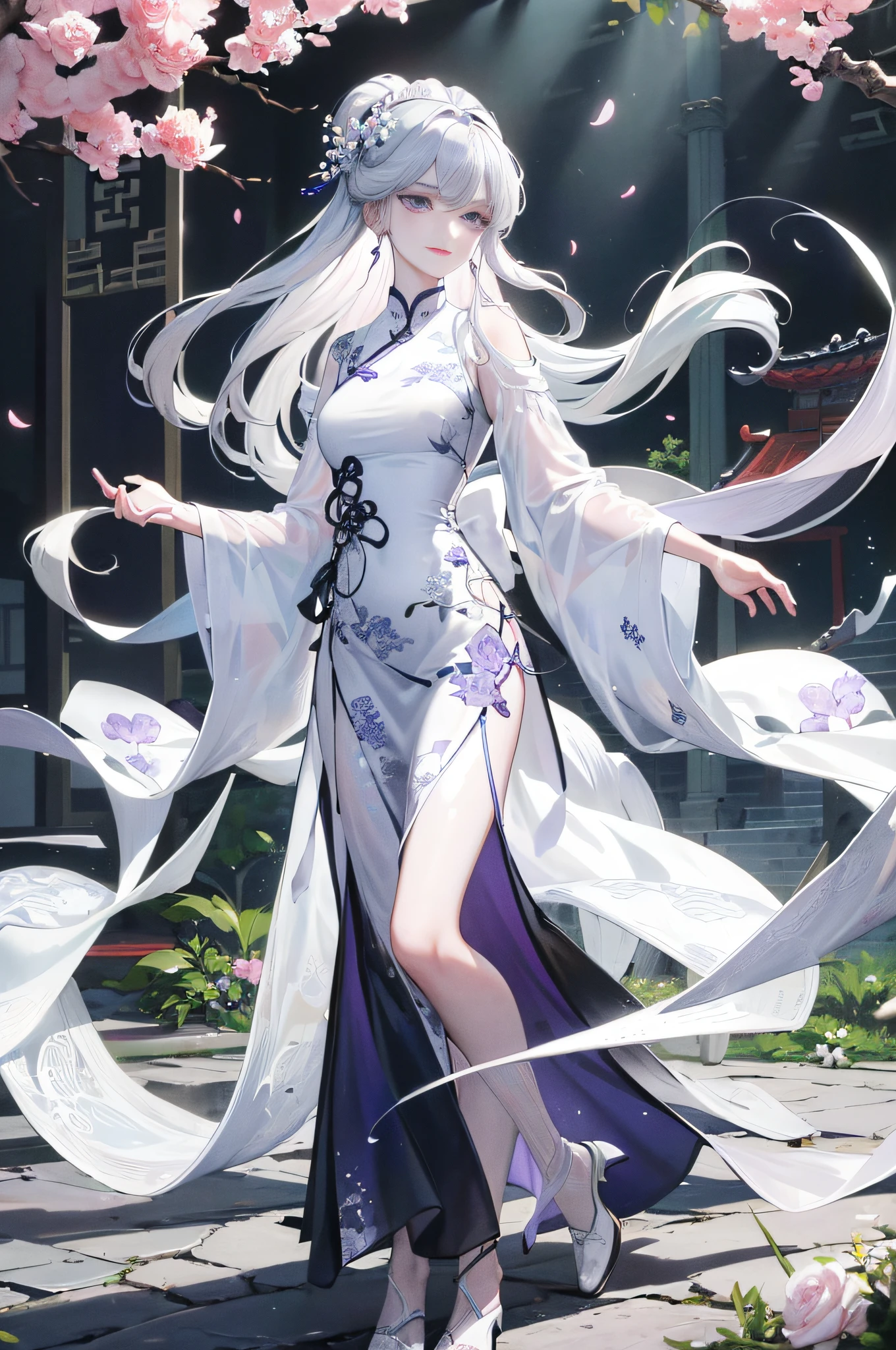 Masterpiece, Superb Product, Daytime, Outdoor, Falling Flowers, Branches, Chinese Style, Ancient China, 1 Girl, Perfect Woman, Silver and White Long Haired Woman, Gray Blue Eyes, Pale Pink Lips, Cold, Serious, Bang, Purple Eyes, White Clothes, Black Clothing Pattern, Delicate Face, Delicate Face, Standing, Legs, Smile