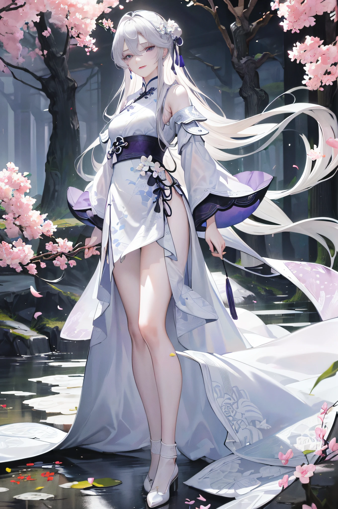 Masterpiece, Superb Product, Daytime, Outdoor, Falling Flowers, Branches, Chinese Style, Ancient China, 1 Girl, Perfect Woman, Silver and White Long Haired Woman, Gray Blue Eyes, Pale Pink Lips, Cold, Serious, Bang, Purple Eyes, White Clothes, Black Clothing Pattern, Delicate Face, Delicate Face, Standing, Legs, Smile