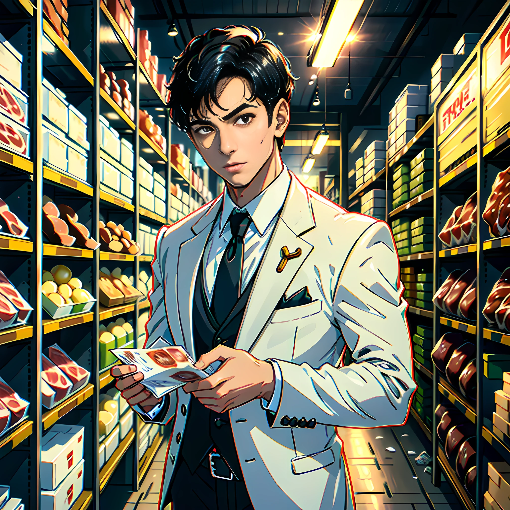 There is a handsome boy with super detail on his face, white suit with money in his hand, short black hair, super detail in the figure, in the warehouse, it is full of meat, meat, fresh meat, front, high real, 4K, chiaroscuro, super high detail