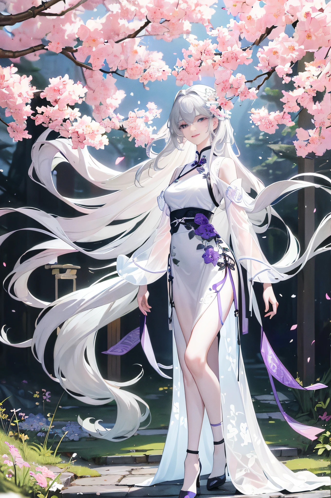 Masterpiece, Superb Product, Daytime, Outdoor, Falling Flowers, Branches, Chinese Style, Ancient China, 1 Girl, Perfect Woman, Silver and White Long Haired Woman, Gray Blue Eyes, Pale Pink Lips, Cold, Serious, Bang, Purple Eyes, White Clothes, Black Clothing Pattern, Delicate Face, Delicate Face, Standing, Legs, Smile