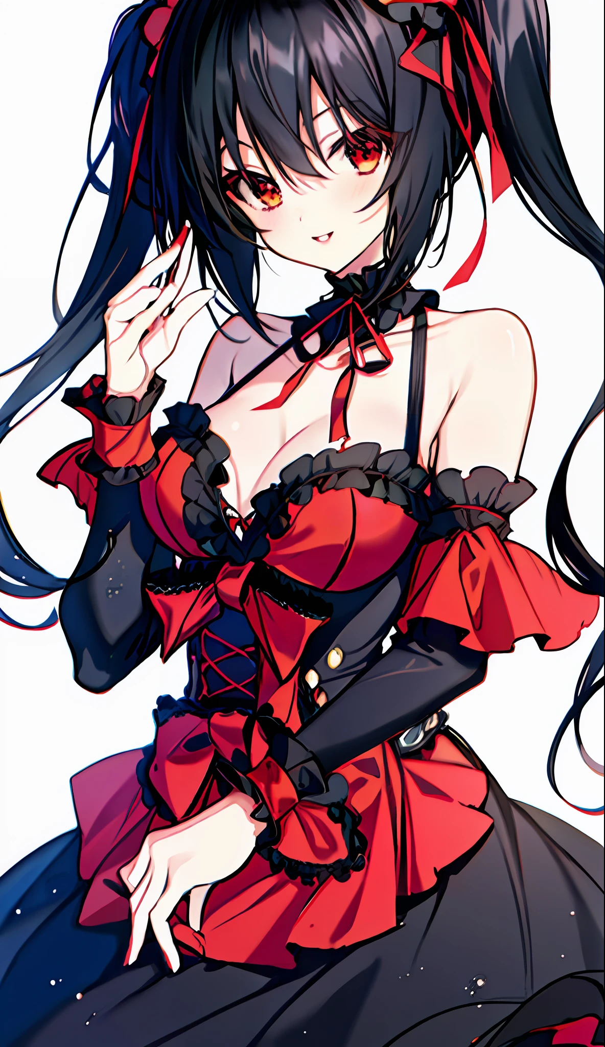 18 year old beautiful girl, masterpiece, top quality, 8K anime, 1 girl, solo, detailed fingers, precise fingers, not unnatural hands, odd eye, black hair twin tails, kurumi tokizaki, cleavage,