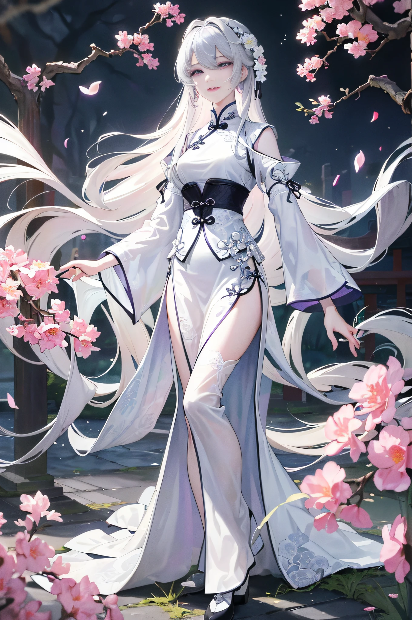 Masterpiece, Superb Product, Daytime, Outdoor, Falling Flowers, Branches, Chinese Style, Ancient China, 1 Girl, Perfect Woman, Silver and White Long Haired Woman, Gray Blue Eyes, Pale Pink Lips, Cold, Serious, Bang, Purple Eyes, White Clothes, Black Clothing Pattern, Delicate Face, Delicate Face, Standing, Legs, Smile
