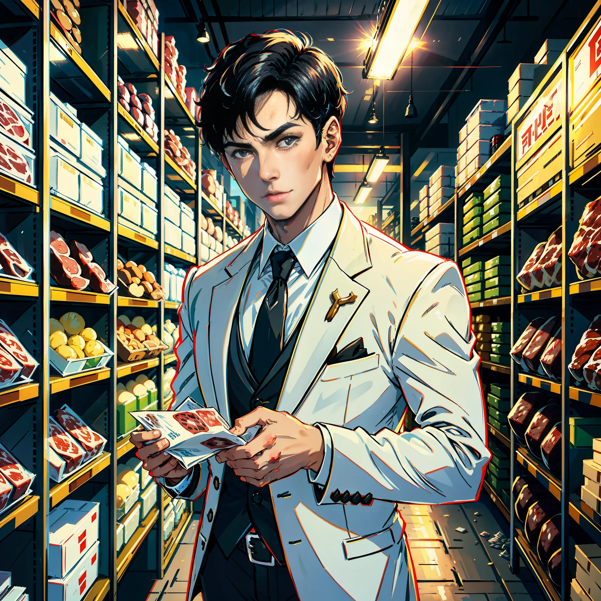 There is a handsome boy with super detail on his face, white suit with money in his hand, short black hair, super detail in the figure, in the warehouse, it is full of meat, meat, fresh meat, front, high real, 4K, chiaroscuro, super high detail