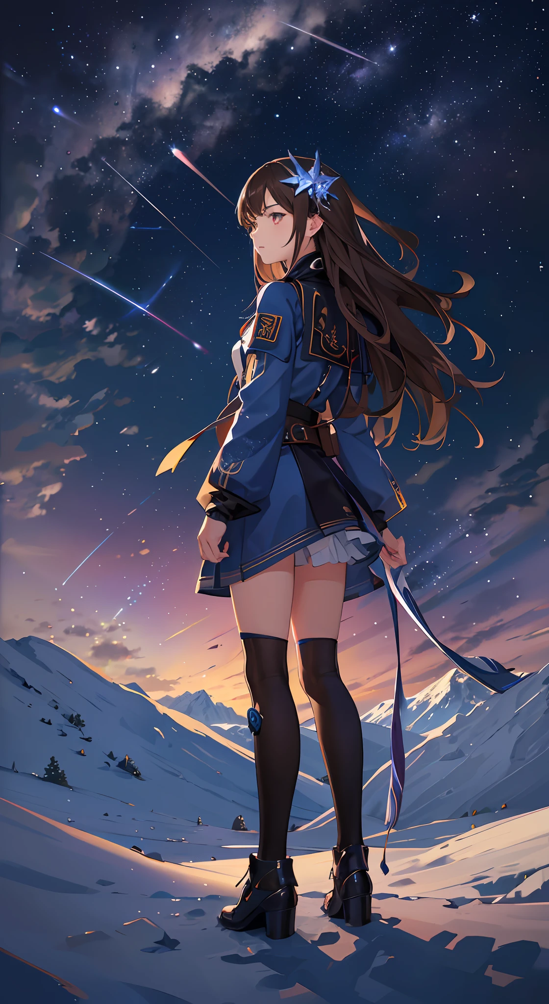 (absurdres, highres, ultra detailed, UHD, cinematic), solo, 1girl, mature, (Height difference1.3), different hair color, happy, love, full body, small figure, long hair girl, brown hair, fantasy, dreamy, snowy, official art, pop art, profile, ultra detailed face, ultra detailed eyes, flower field, ultra detailed field, night sky, cold blue, purple, yellow, orange,  nebula in the sky, mountain