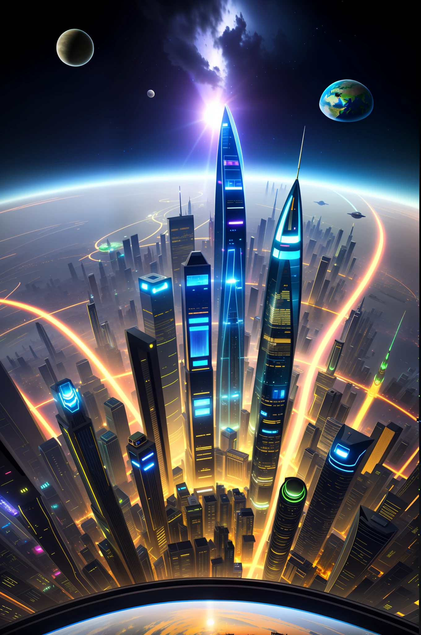 futuristic city with earth and planet view, sci-fi city in fantasy, futuristic metropolis, beautiful futuristic city, futuristic city, futuristic cityscape photos, futuristic city background, futuristic cityscape, 3d rendered bee bee, science fiction city, futuristic cityscape, russian orbital cityscape, futuristic city, alien futuristic city, realistic style, planets, pebbles, space, galaxies, (((8K quality)), ((realism)), cities