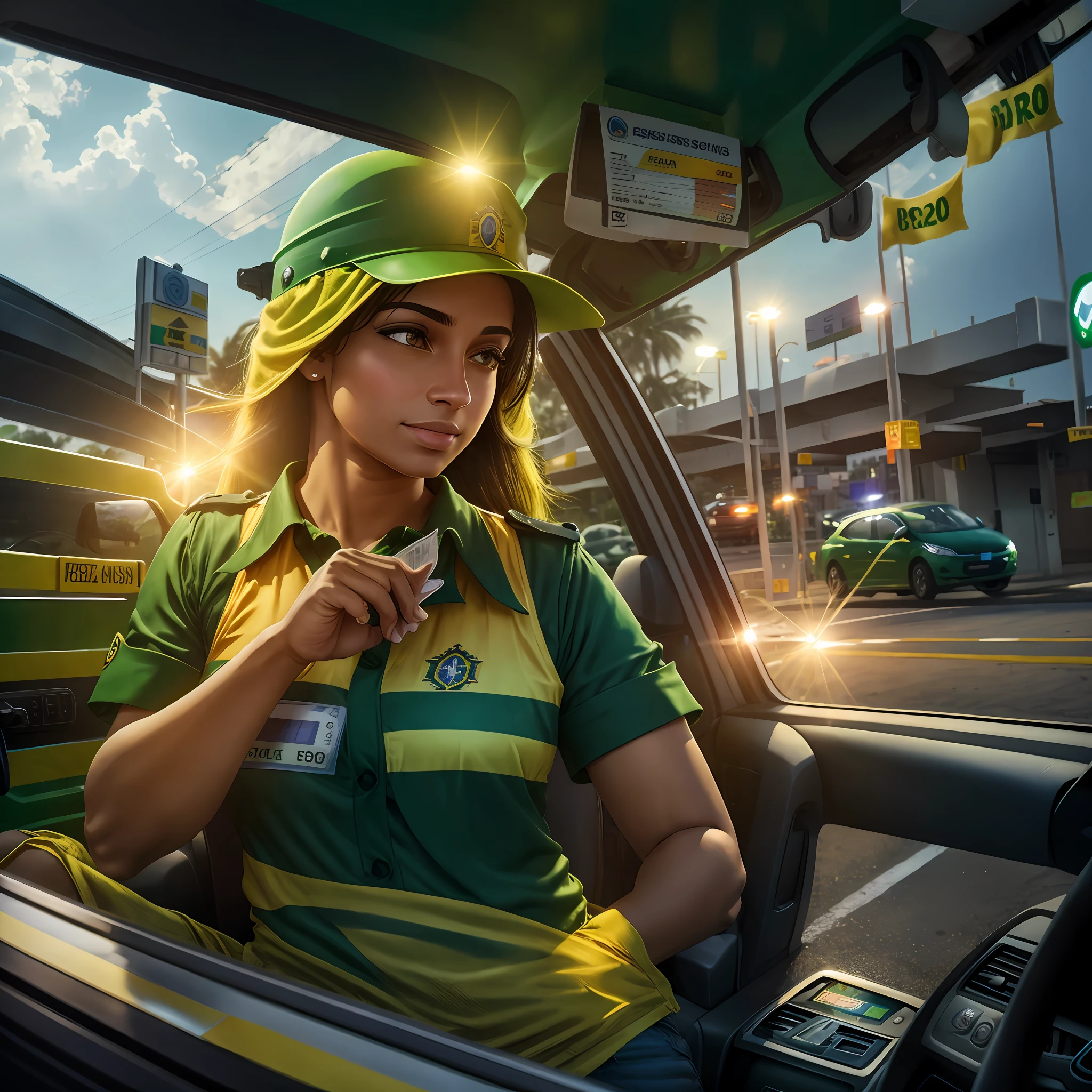 Brazilian toll, toll booth, employee receiving user money in vehicle, green and yellow uniform, road, realistic, 4K --auto --s2