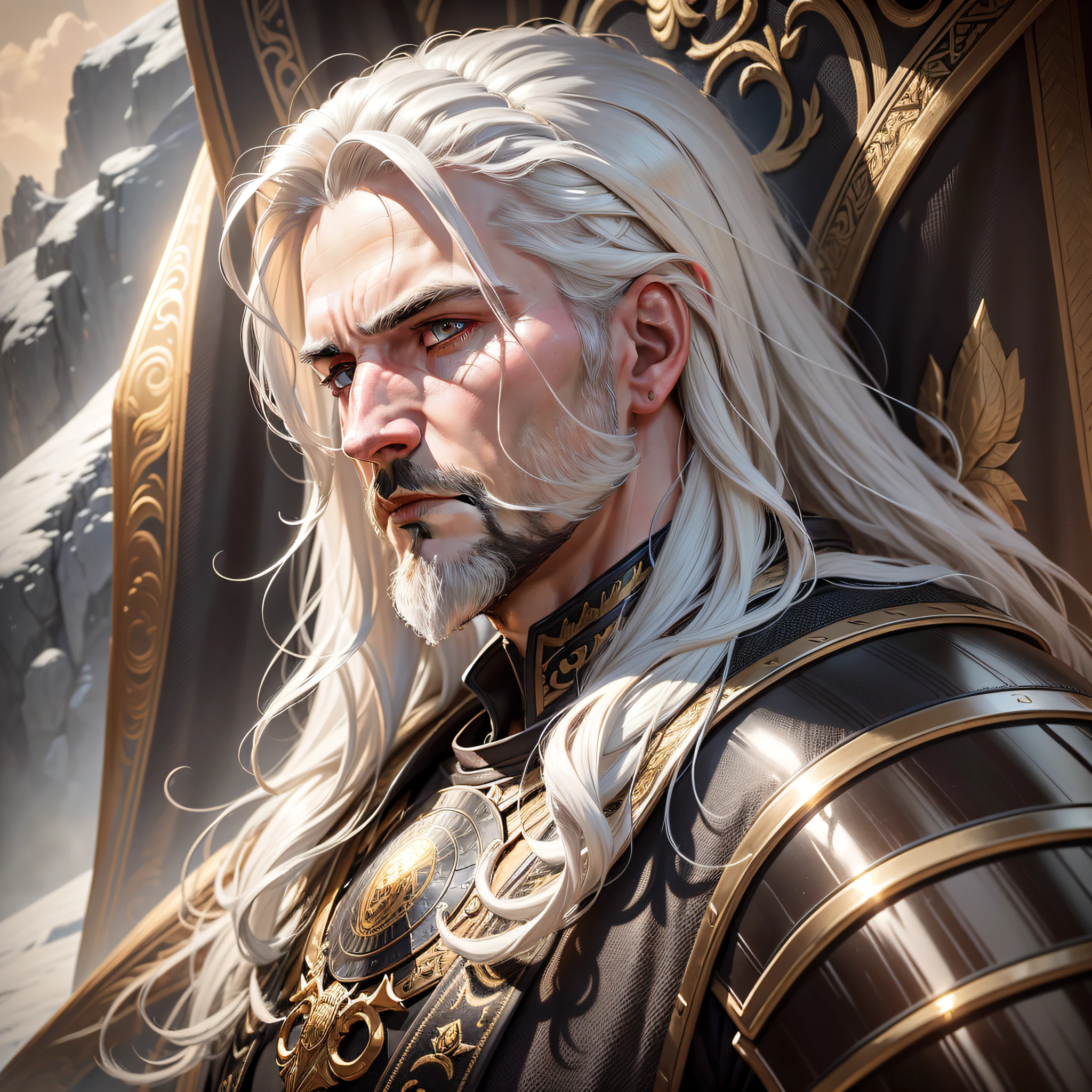 (extremely realistic, extremely detailed and high resolution), Elden Ring style artwork, (a male character of approximately 30 years old wearing black armor with golden detailing). Close-up portrait of a person with white hair and a short beard, whose brown eyes look calm as they gaze out over a natural landscape, conveying a sense of serenity. --auto --s2