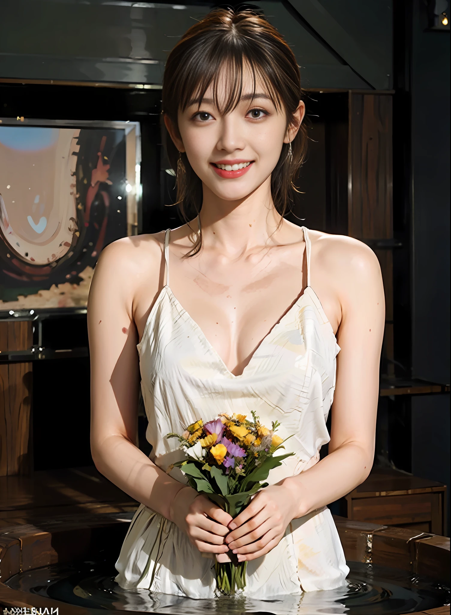 1girl, (Best quality, masterpiece, ultra high res, (photorealistic:1.4),highly detailed,professional lighting smile, pretty girl, beautiful smile), virtual YouTube, detailed skin texture, detailed cloth texture, beautifully detailed face, collarbone, (ULZZANG-6500-V1.1:0.4),in Tokyo, ((A luxurious soak in the hot spring)).Full body view.(Seen nipple head and camel toes)