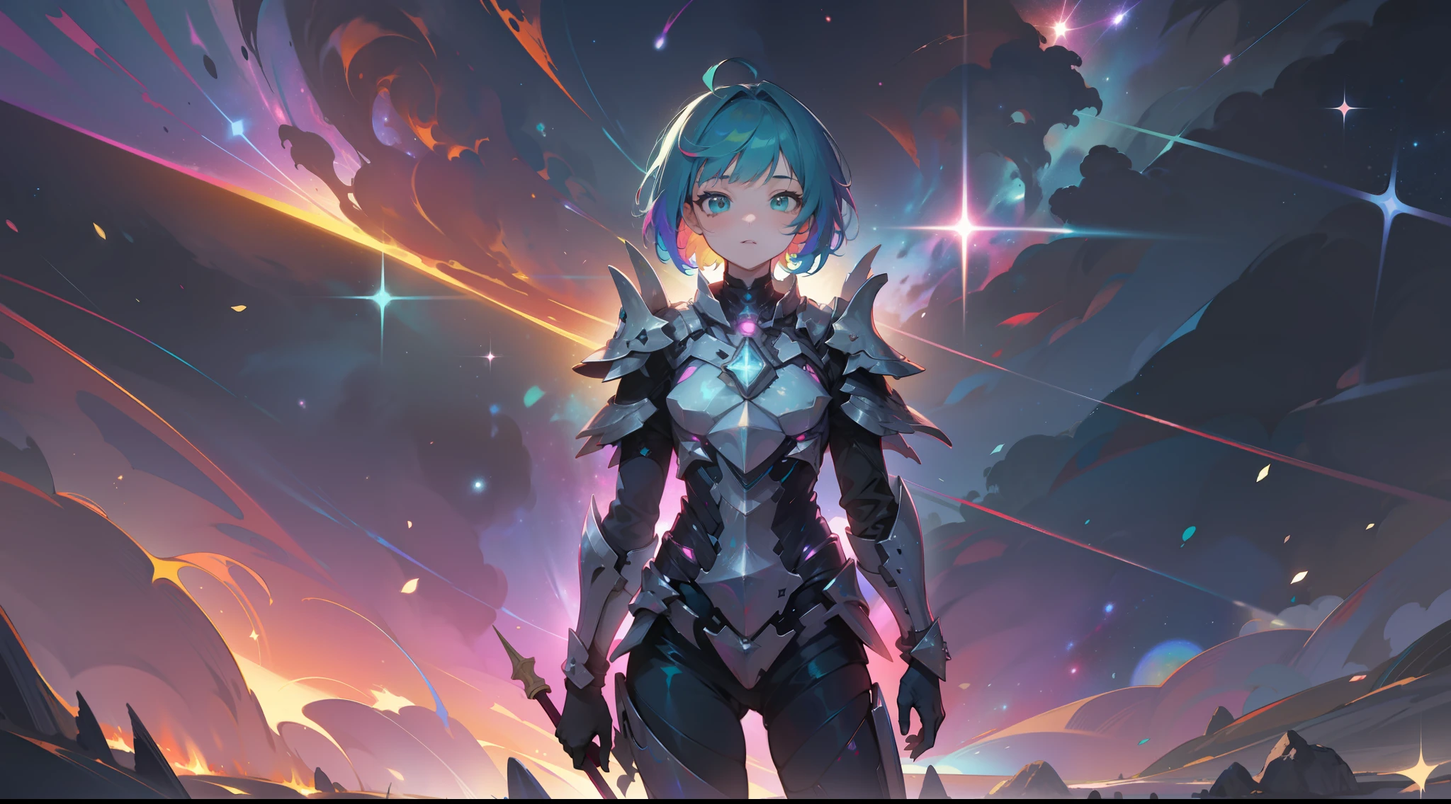 a girl, wildly rainbow colored short hair, dark fantasy, teal colored armor, standing, cosmic nebula background, stars, galaxies