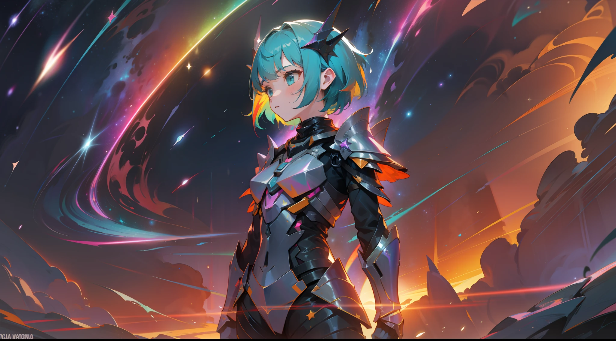 a girl, wildly rainbow colored short hair, dark fantasy, teal colored armor, standing, cosmic nebula background, stars, galaxies