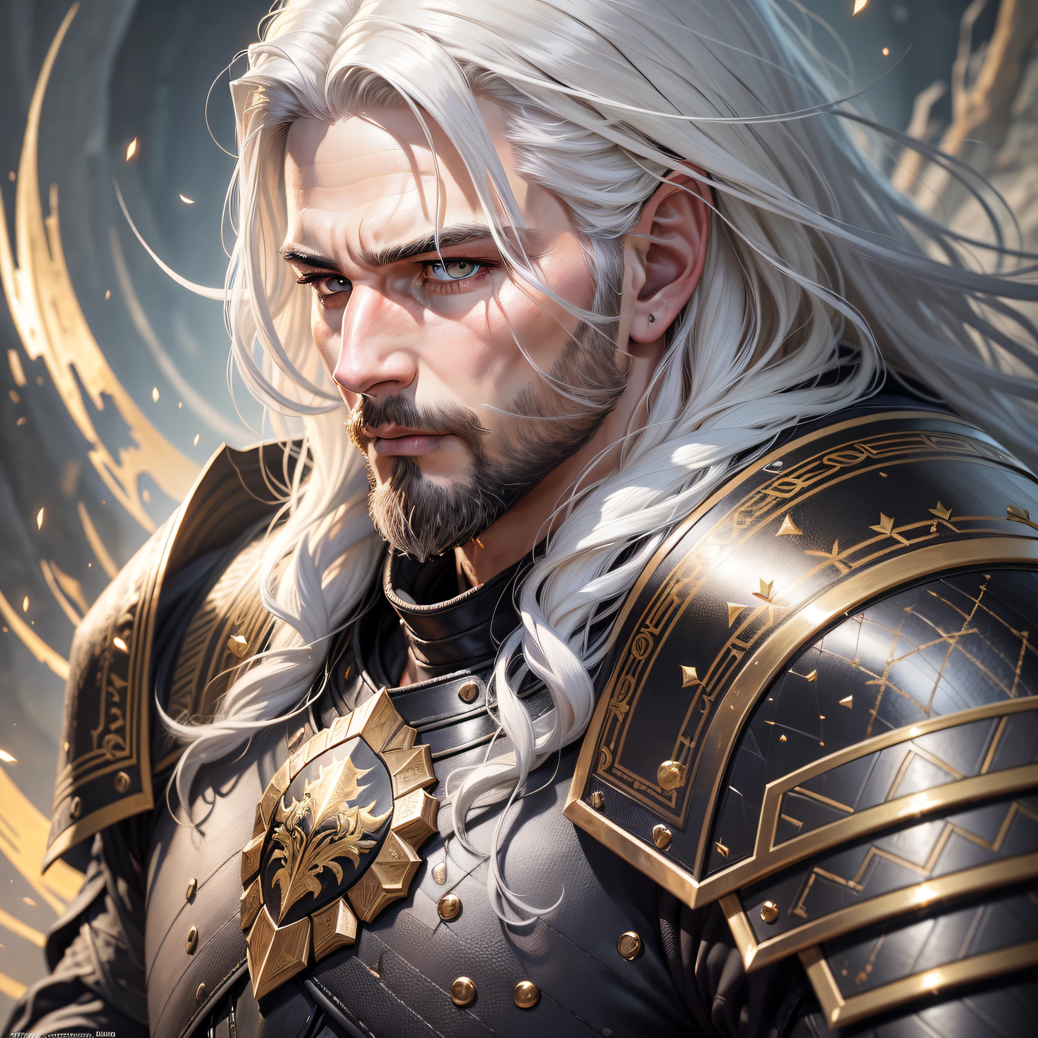 (extremely realistic, extremely detailed and high resolution), Elden Ring style artwork, (a male character of approximately 25years old wearing black armor with golden detailing). Close-up portrait of a person with white hair and a short beard, whose brown eyes look calm as they gaze out over a natural landscape, conveying a sense of serenity. --auto --s2