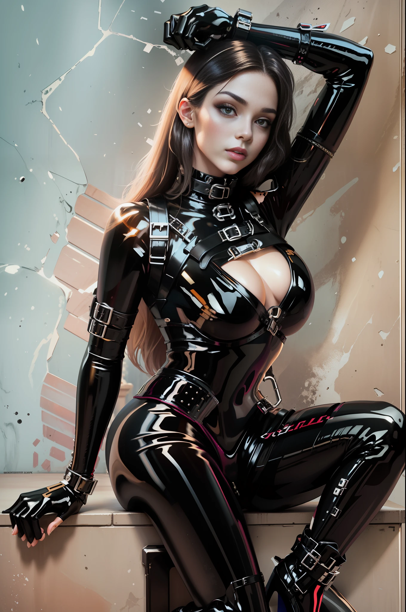 realistic beautiful girl wearing black latex catsuit, latex long glove, latex high heels, body harness, arms and leg cuffs, latex collar, latex corset, best quality, 8K UHD