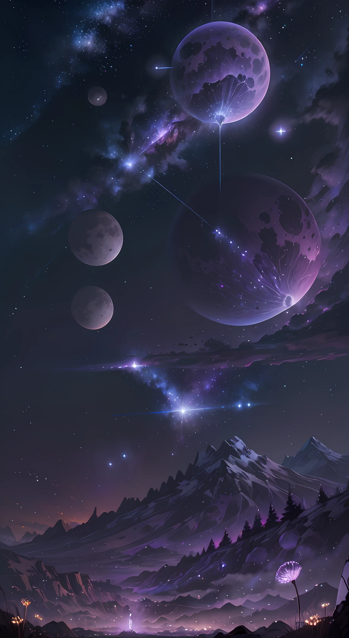 (Absurdres, Cinematic, UHD, higher, ultra detailed, ultra detailed), dark purple sky, nebula in the sky, 5 lattern in the sky, big moon in the sky, flying train, shooting star, dandelion field, mountain, boy looking at the sky, oil painting, detailed dandelion field, detailed flying train, detailed sky, sunset --auto --s2