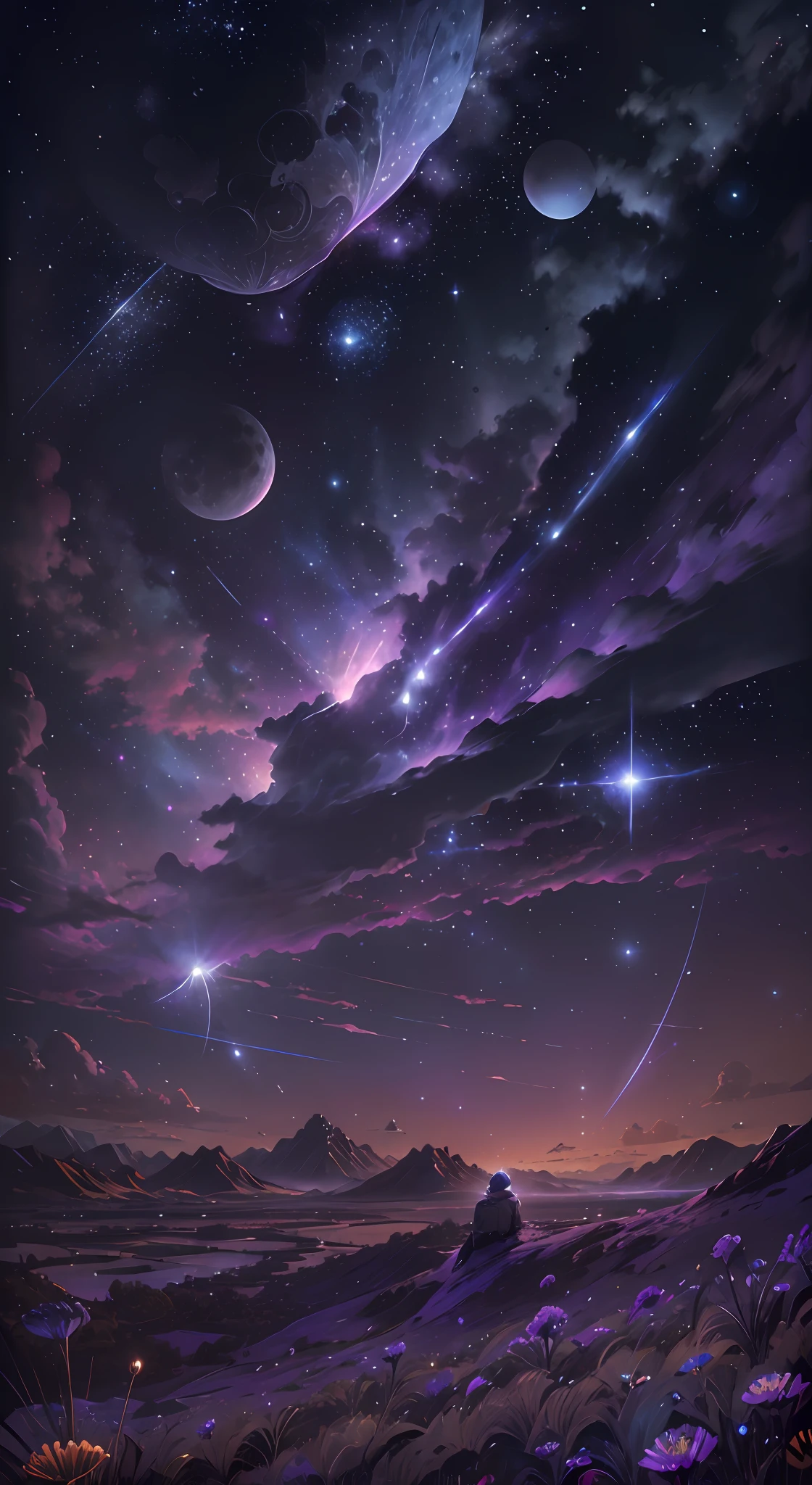 (Absurdres, Cinematic, UHD, higher, ultra detailed, ultra detailed), dark purple sky, nebula in the sky, 5 lattern in the sky, big moon in the sky, flying train, shooting star, dandelion field, mountain, boy looking at the sky, oil painting, detailed dandelion field, detailed flying train, detailed sky, sunset --auto --s2