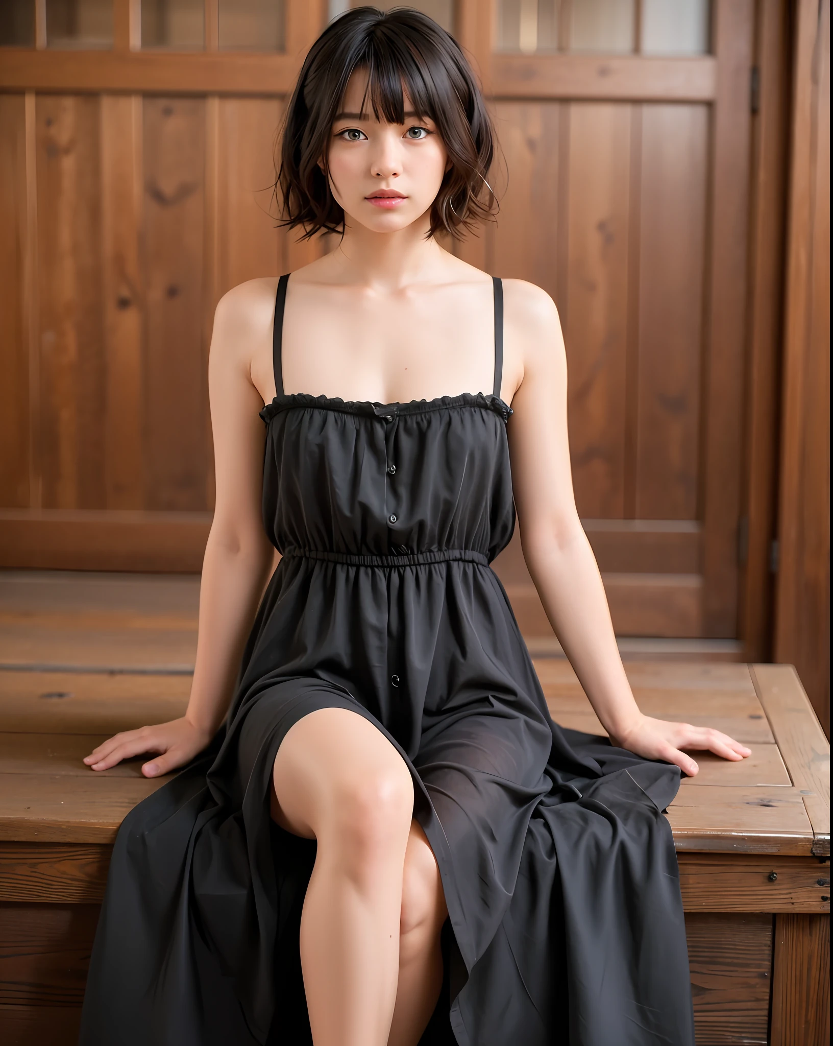 (8k, RAW photos,Best quality, High Resolution:1.1), (Hyper-Realistic:1.4),(Realistic, Photorealistic:1.3), Soft Light,Realistic Face,Realistic Body,Realistic Skin,Absurdity,Masterpiece,(Cute:1.8),(Black Middle,Half Up,Hairpin),(Big:1.2),(Very Dark Lip Gloss,Pure Black Lipstick, so many eyelashes,black eyeshadow),teardrop,double teeth,open lips,provocative look,blusher,good style,(unbuttoned shirt:1.1),black long slit skirt,deep slit,black heel,chest is sticking out,deep slit,beautiful legs,thighs,sitting,cinema light,film grain,close-up,looking at viewer,full body,depth of field, blurry background, eye focus, young, 85mm lens, f/1.4, professional lighting, portrait, photon mapping, radiosity, physically based rendering, tribal tattoo, transparency, Japan girls, night
