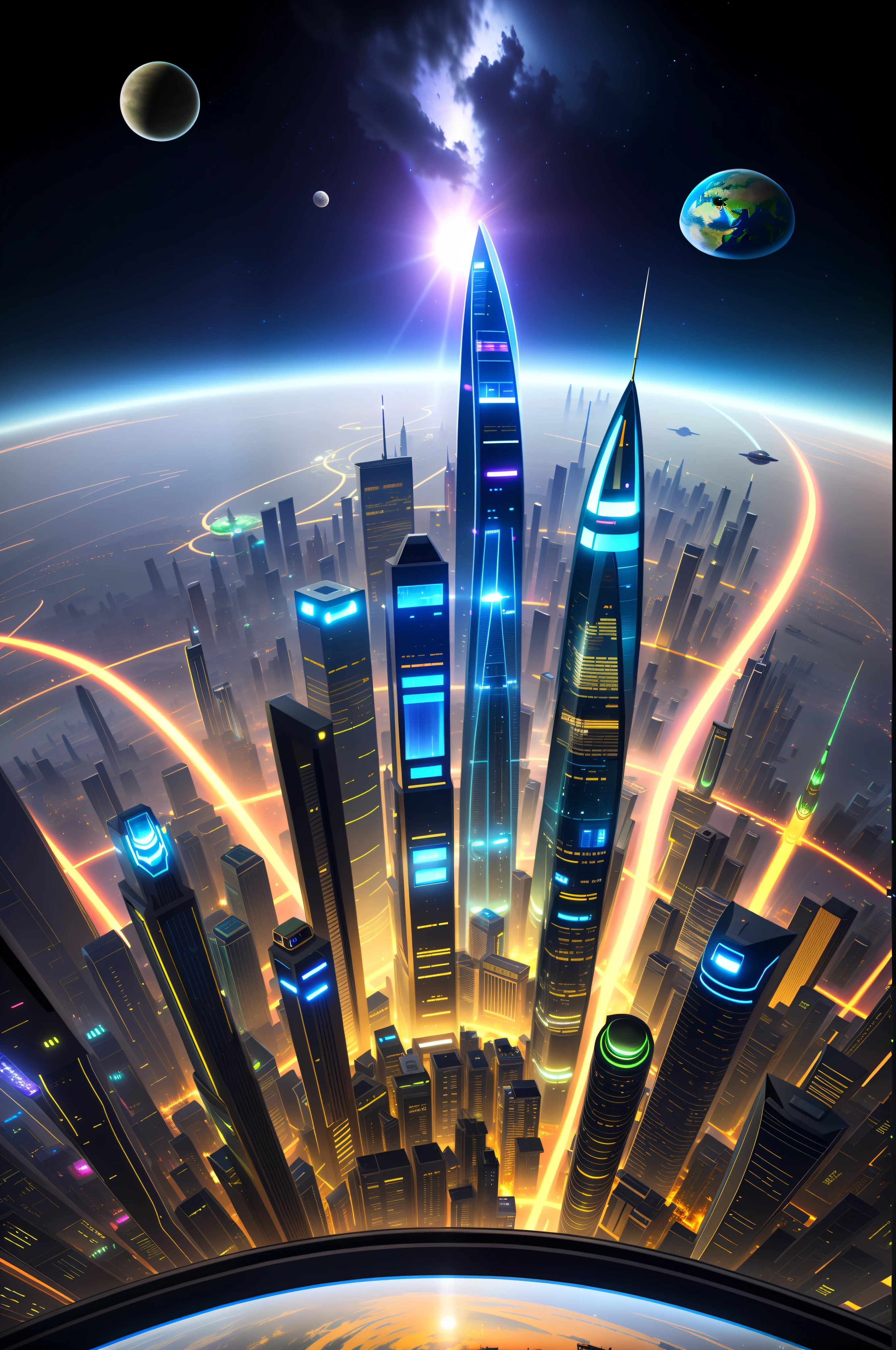 futuristic city with earth and planet view, sci-fi city in fantasy, futuristic metropolis, beautiful futuristic city, futuristic city, futuristic cityscape photos, futuristic city background, futuristic cityscape, 3d rendered bee bee, science fiction city, futuristic cityscape, russian orbital cityscape, futuristic city, alien futuristic city, realistic style, planets, pebbles, space, galaxies, (((8K quality)), ((realism)), cities
