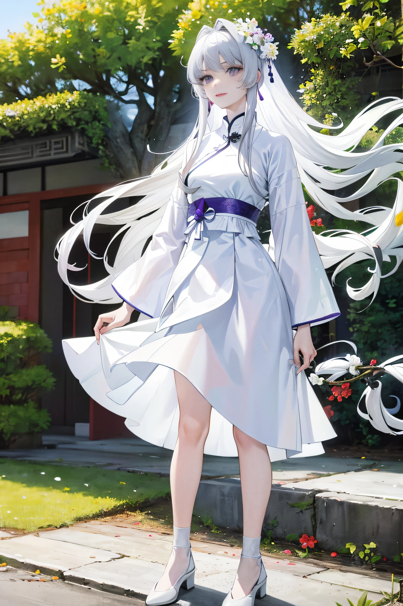 Masterpiece, Excellent, Daytime, Outdoor, Falling Flowers, White Cheongsam, White Robe, White Short Skirt, Horse Face Skirt, Branches, Chinese Style, Ancient China, 1 Girl, Perfect Woman, Silver-White Long Haired Woman, Gray-Blue Eyes, Pale Pink Lips, Cold, Serious, Bang, Purple Eyes, White Clothes, Black Clothing Pattern, Delicate Face, Delicate Face, Standing, Legs, Smile