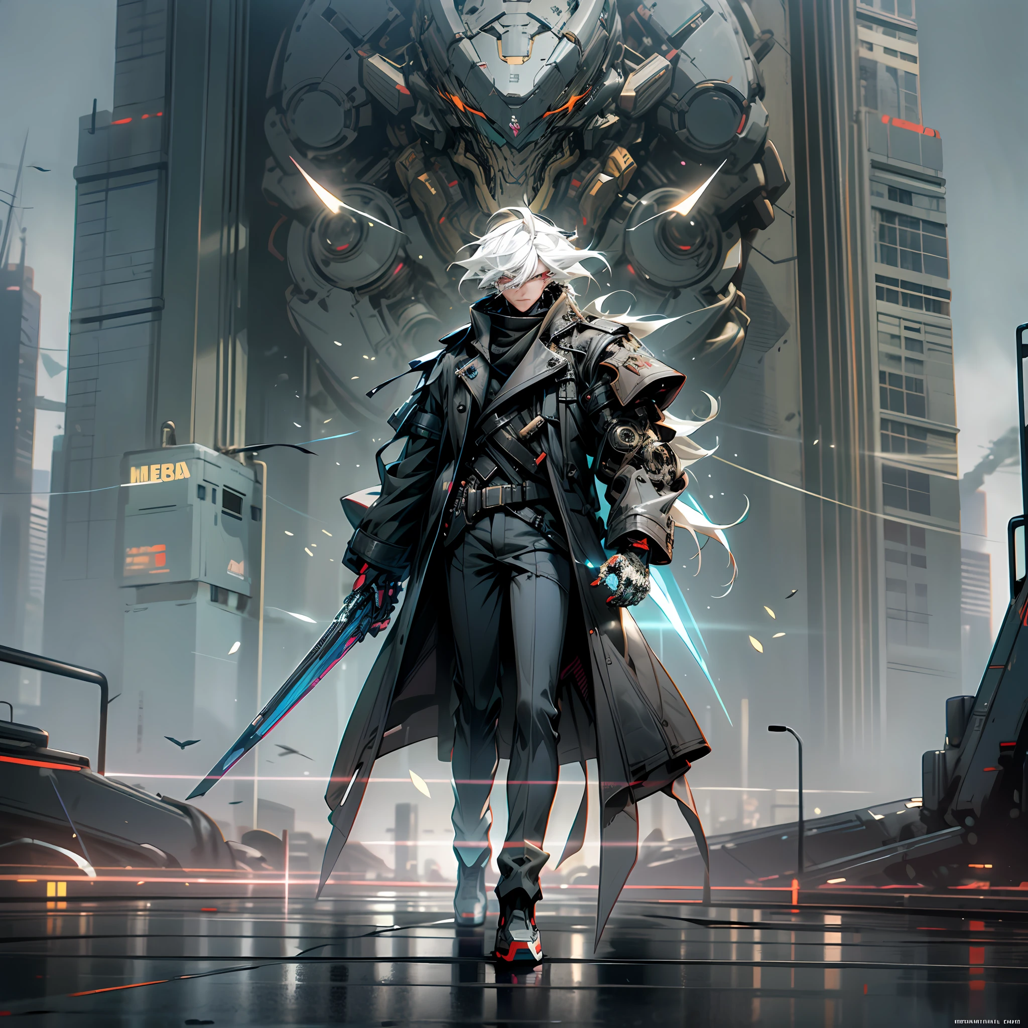 Dark_Fantasy,Cyberpunk, (Best quality, Masterpiece),1boy,white hair, cyberpunk,Mechanical marvel,Robotic presence,Cybernetic guardian,black and blue trench coat,wearing a cybernetic trenchcoat,facing forward, dynamic lighting, dynamic camera angle,city, highest quality digital art, Stunning art, wallpaper 4k, highly detailed,full body,holding a revolver