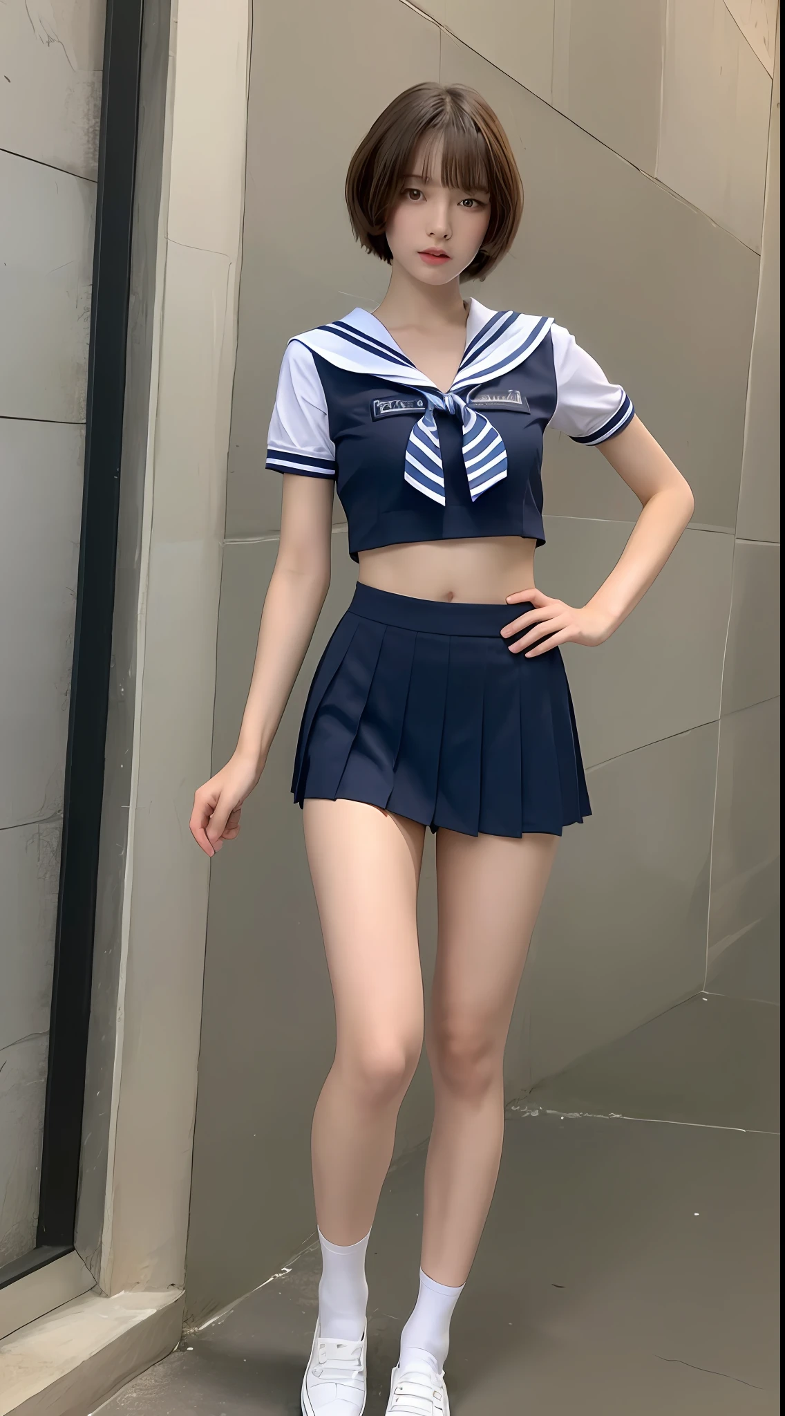 ((Top Quality, 8k, Masterpiece: 1.3)), 1 girl, Beauty with slender abs: 1.3, (Medium Short Hair, Big: 1.2), Sailor Suit: 1.1, Ultra Detailed Face, Detailed Eyes, Double Eyelids, Black Pleated Skirt, Full Body, Navel, Beautiful Legs, Thighs