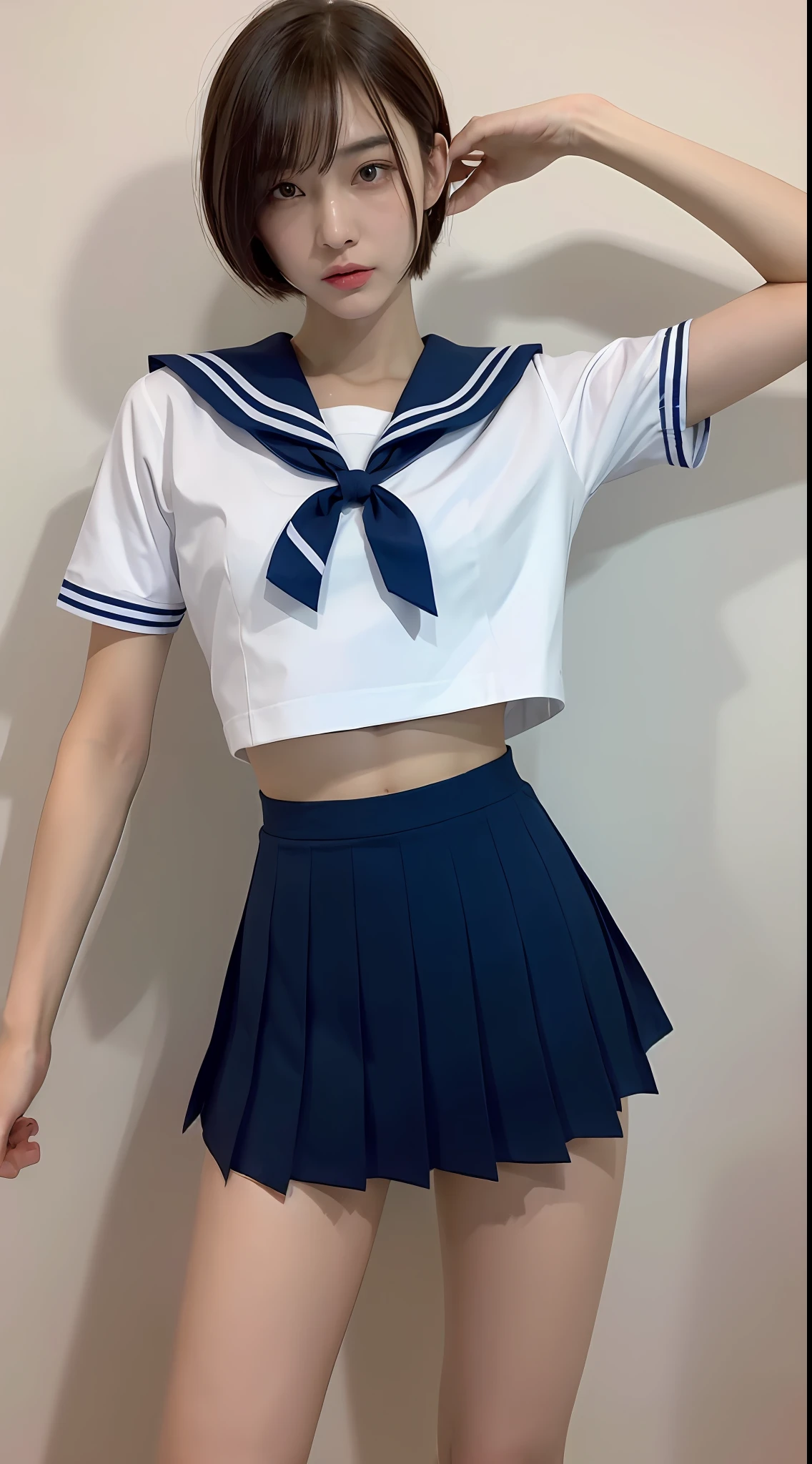 ((Top Quality, 8k, Masterpiece: 1.3)), 1 girl, Beauty with slender abs: 1.3, (Medium Short Hair, Big: 1.2), Sailor Suit: 1.1, Ultra Detailed Face, Detailed Eyes, Double Eyelids, Black Pleated Skirt, Full Body, Navel, Beautiful Legs, Thighs