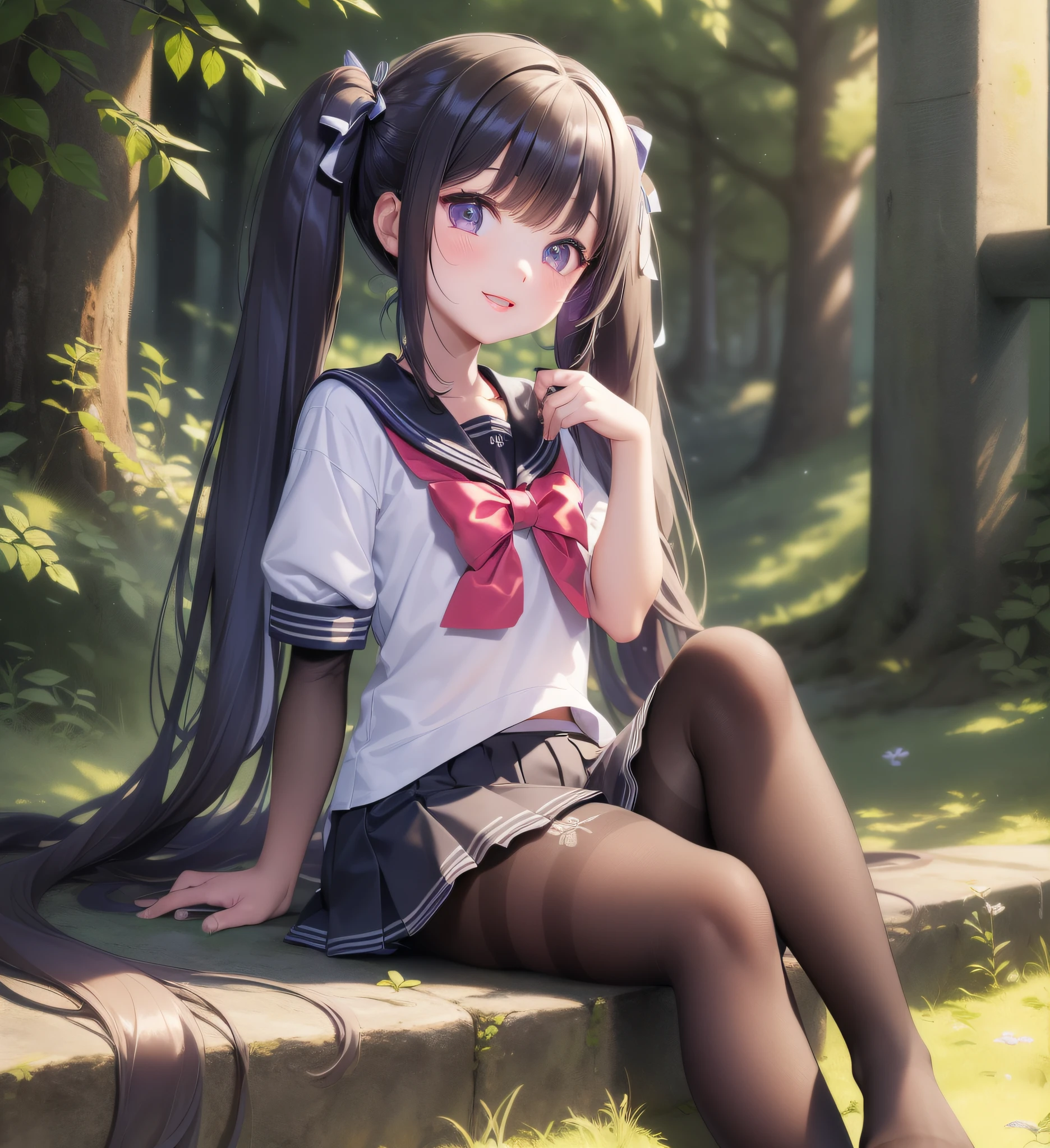 , solo, looking at the audience, :d , full body, dark eyes, long hair, violet hair, (twintails:1.2), (curvy), skinny, , (sitting on ground), (sailor shirt, miniskirt, thighband pantyhose:1.3), dynamic angle, floating, decoration, painting, depth of field, depth of field, depth of field, depth, nature, beautiful and detailed girl, extremely detailed eyes and face, beautiful detail eyes, detail light, cinematic lighting, , light leakage, sunlight, shine, beautiful detail glow, ridiculous, incredibly ridiculous, huge file size, super detailed, high resolution, very detailed, best quality, masterpiece, illustration, very refined and beautiful, very detailed, CG, unity, 8k wallpaper, amazing, fine detail, masterpiece, best quality, official art, extremely detailed CG Unity 8k wallpaper, lens flare, definition of "real" Light source, prime time, (14 y), (feet focus:1.5), short sleeves, (cute face: 1.4), (see through: 1.2), leather shoes