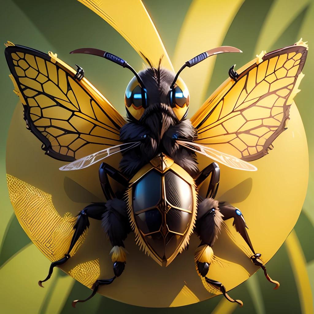 a golden emblem with a yellow wasp on it which has read eyes, blue background --auto --s2