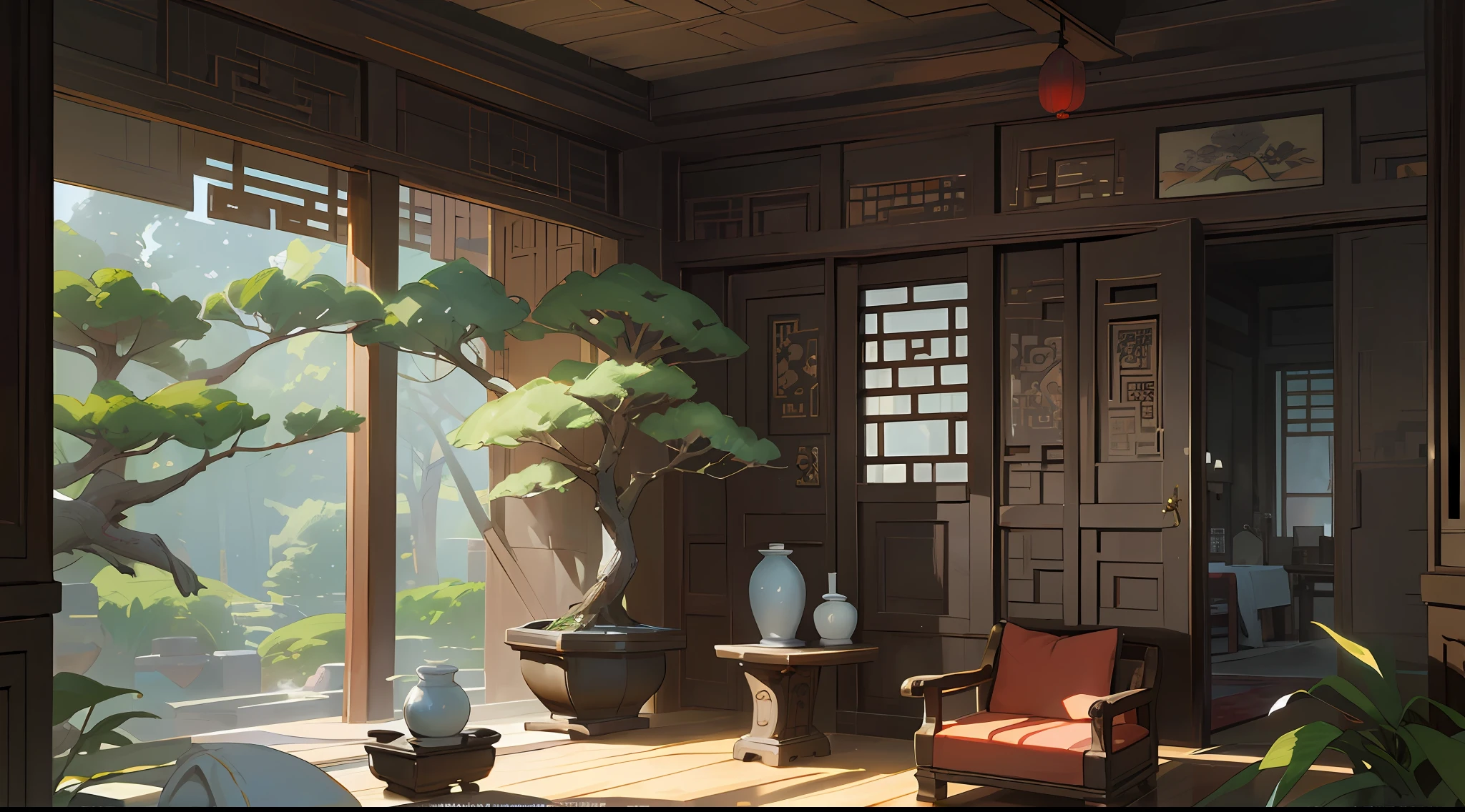 (Antique interior design), Chinese home furnishings, circular porch, depth, symmetrical design, (carved beams and paintings, tables and chairs, bonsai, vases, porcelain, trees, flowers, Chinese lamps, embroidery, screens, beds, cushions), exquisite home, rich details, ancient Chinese Ming Dynasty style, quiet and elegant atmosphere, cold color as the keynote, delicate and soft painting style, movie-level lighting effects, high-definition picture quality,  , soft light, Tyndall effect, dreamy, rich details, reference Gu Kaizhi, 32k --niji 5