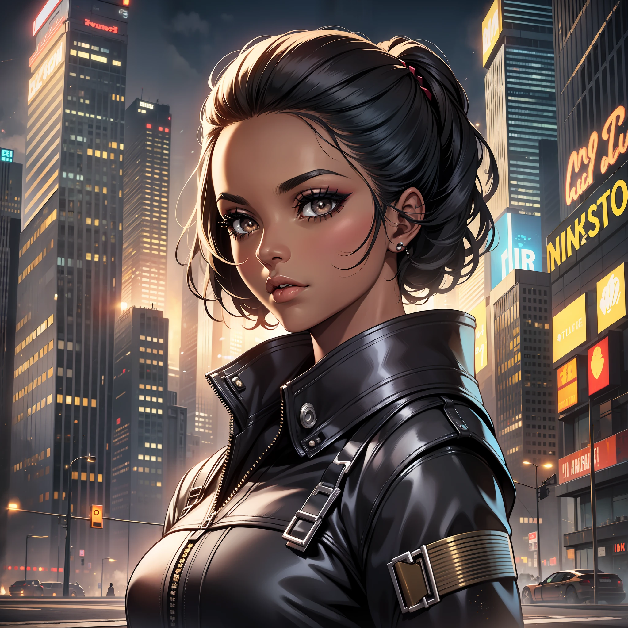 (a young woman:1.2)| (a girl:1.1), dark skin, portrait, makeup, super detailed, Atompunk style, city, direct look, contoured.