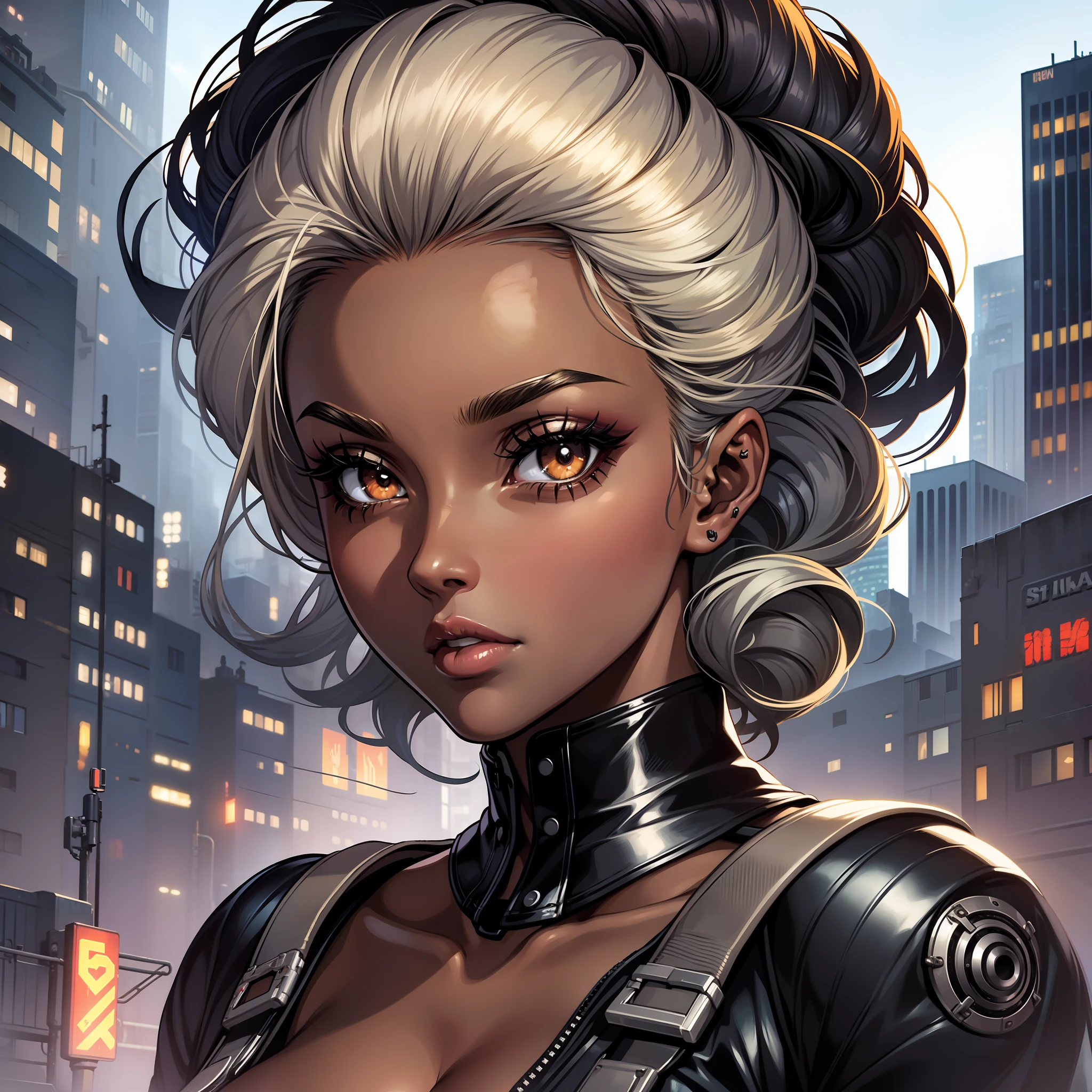 (a young woman:1.2)| (a girl:1.1), dark skin, portrait, makeup, super detailed, Atompunk style, city, direct look, contoured.