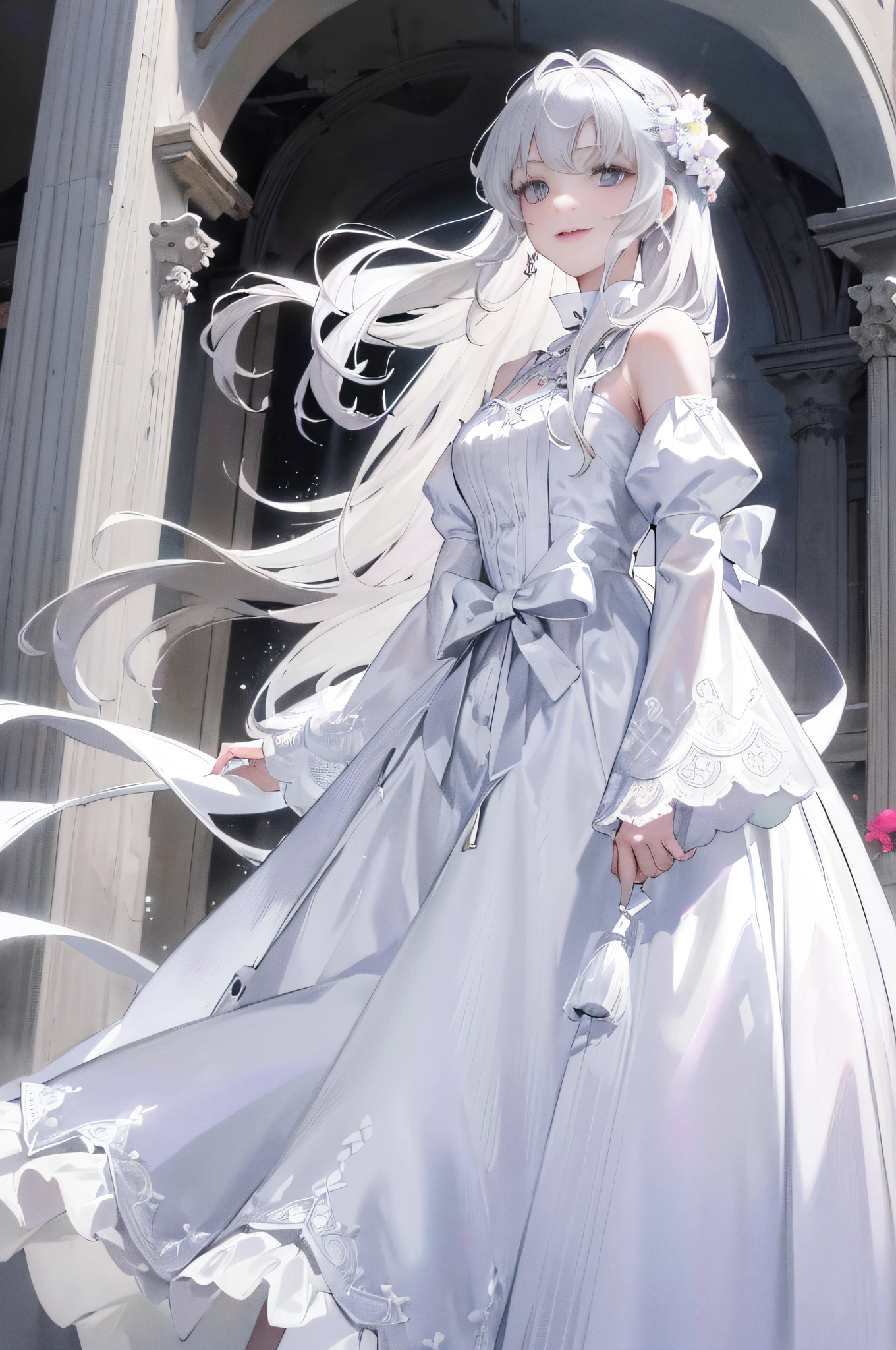Masterpiece, Superb Piece, Daytime, Outdoor, Falling Flowers, White Dress, 1 Girl, Perfect Woman, Silver and White Long Haired Woman, Gray Blue Eyes, Pale Pink Lips, Cold, Serious, Bang, Purple Eyes, White Clothes, Black Clothing Lines, Delicate Face, Exquisite Face, Standing Bow, Tassels, Happiness Knot, Smile