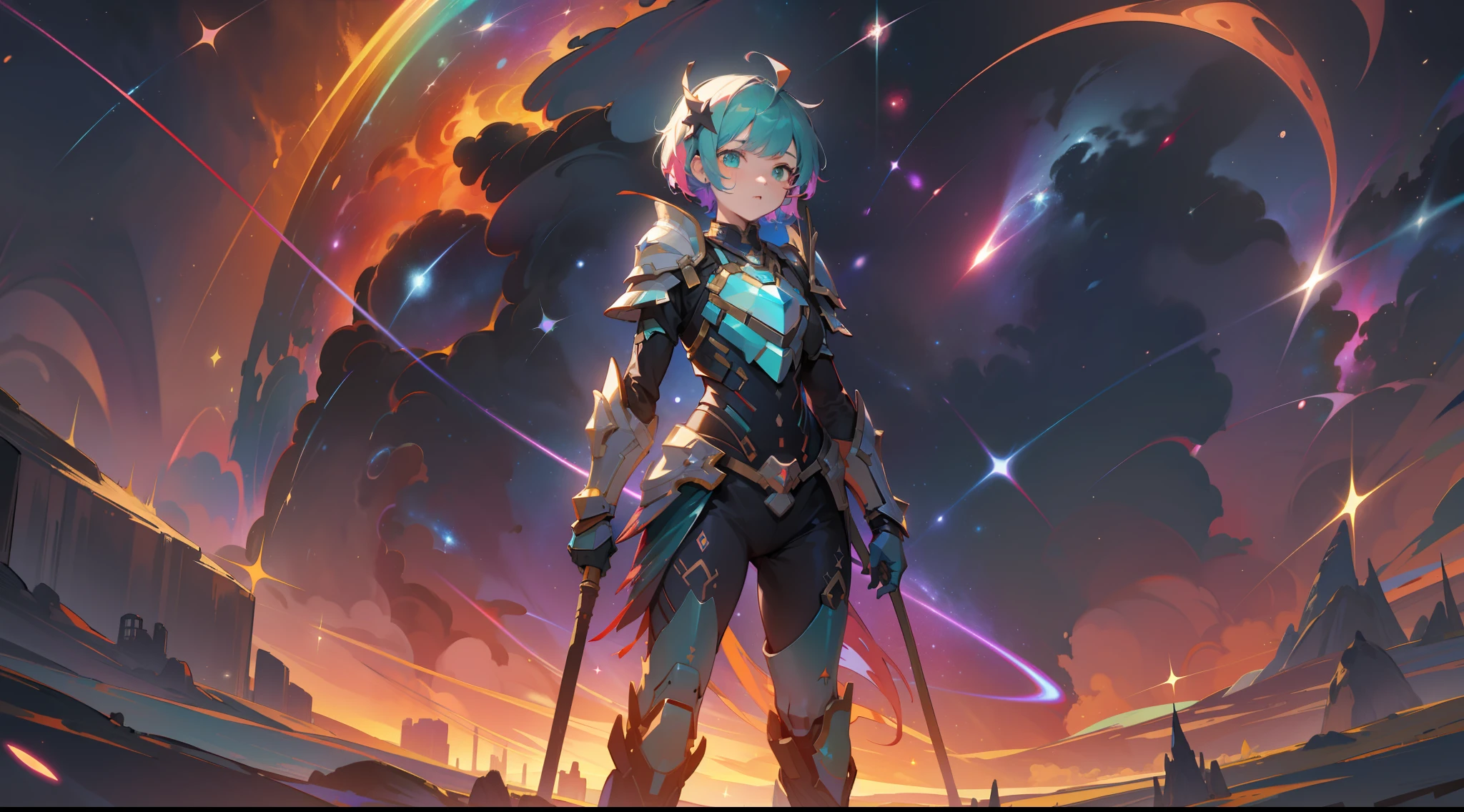 a girl, wildly rainbow colored short hair, dark fantasy, teal colored armor, standing, cosmic nebula background, stars, galaxies