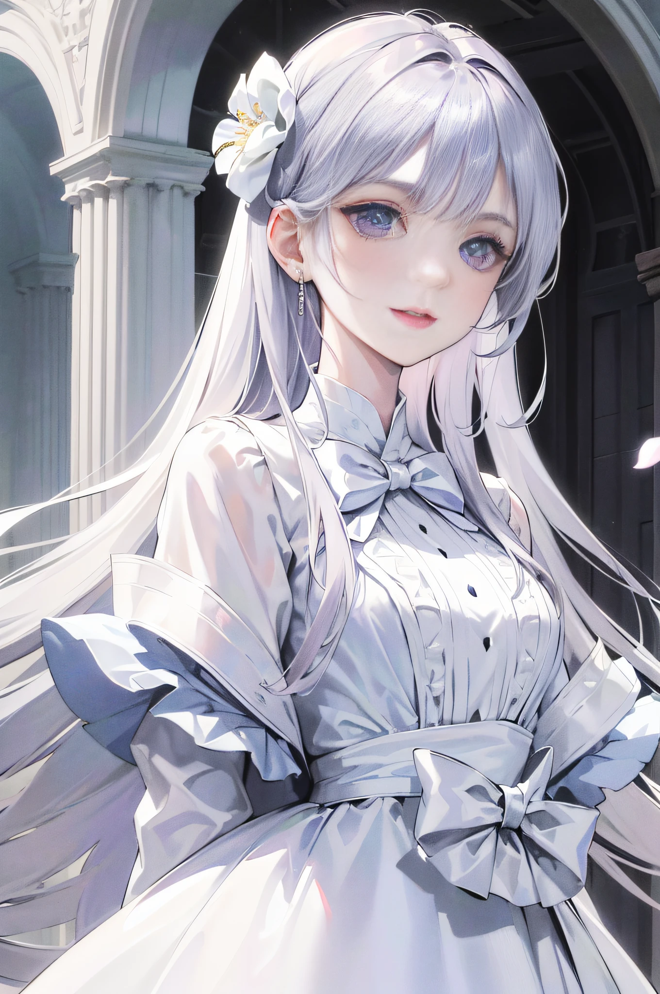 Masterpiece, Superb Piece, Daytime, Outdoor, Falling Flowers, White Dress, 1 Girl, Perfect Woman, Silver and White Long Haired Woman, Gray Blue Eyes, Pale Pink Lips, Cold, Serious, Bang, Purple Eyes, White Clothes, Black Clothing Lines, Delicate Face, Exquisite Face, Standing Bow, Tassels, Happiness Knot, Smile