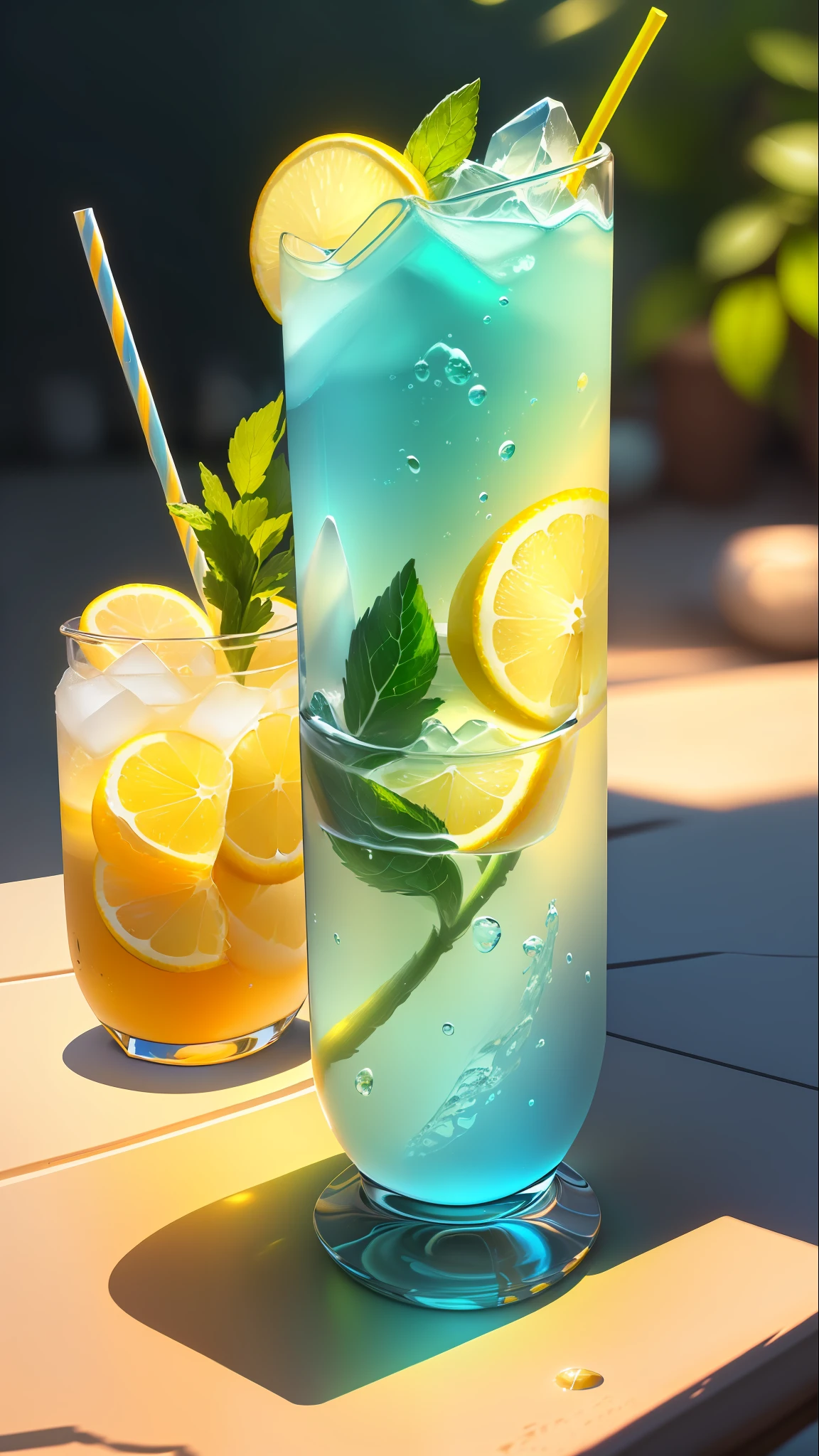 Masterpiece, best quality, (very detailed CG Unity 8k wallpaper), (best quality), (best illustration), (best shadow), drinking a glass of soda on a stone, a soft drink with lemon, mint leaves and bubbles, yellow gradient to blue, very cool, colorful straws, isometric 3D, octane rendering, ray tracing, very detailed