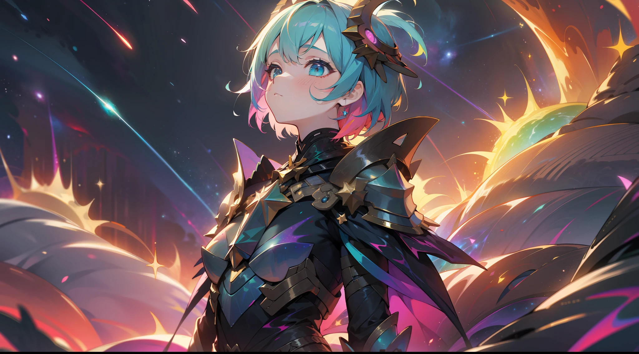 a girl, wildly rainbow colored short hair, dark fantasy, rainbow teal colored dress armor, standing, cosmic nebula background, stars, galaxies