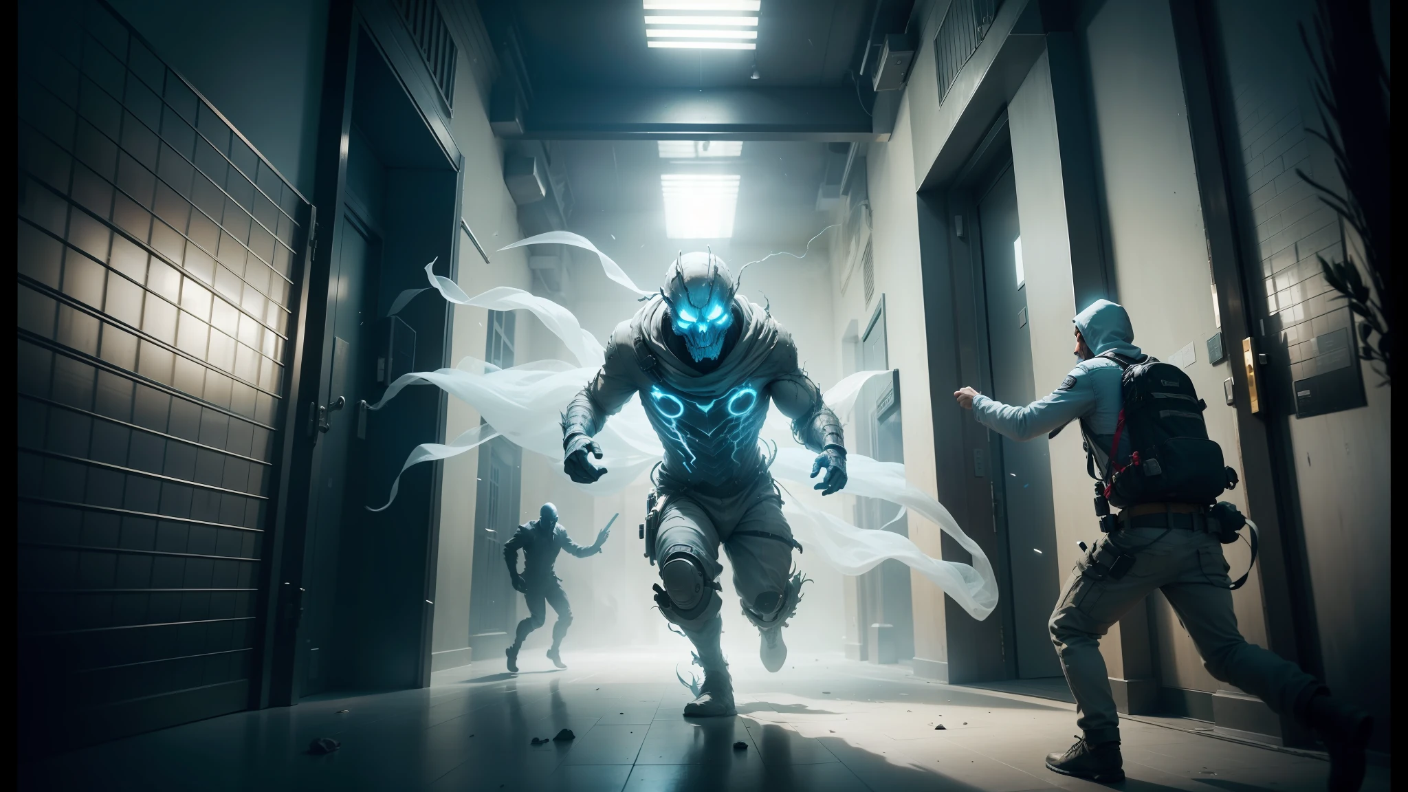 arafed image of a man running through a hallway with a ghost, vfx art, vfx, vfx movie, ryan meinerding, cinematic effects vfx, from a 2 0 1 9 sci fi 8 k movie, from the movie the thing, concept art for movies, photorealistic special effects, hyperrealistic movie filmstill, vfxfriday, still frame from a movie --auto --s2