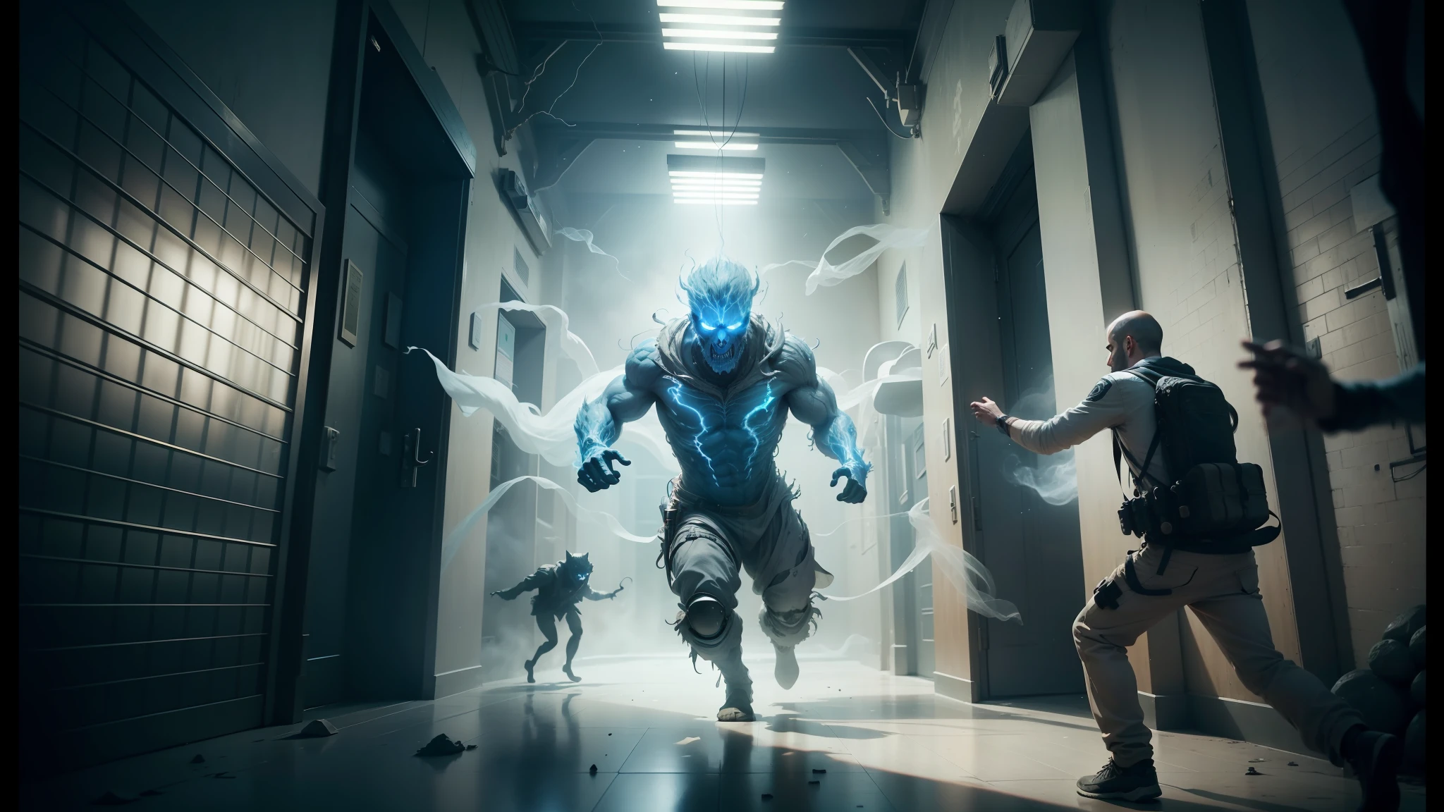 arafed image of a man running through a hallway with a ghost, vfx art, vfx, vfx movie, ryan meinerding, cinematic effects vfx, from a 2 0 1 9 sci fi 8 k movie, from the movie the thing, concept art for movies, photorealistic special effects, hyperrealistic movie filmstill, vfxfriday, still frame from a movie --auto --s2