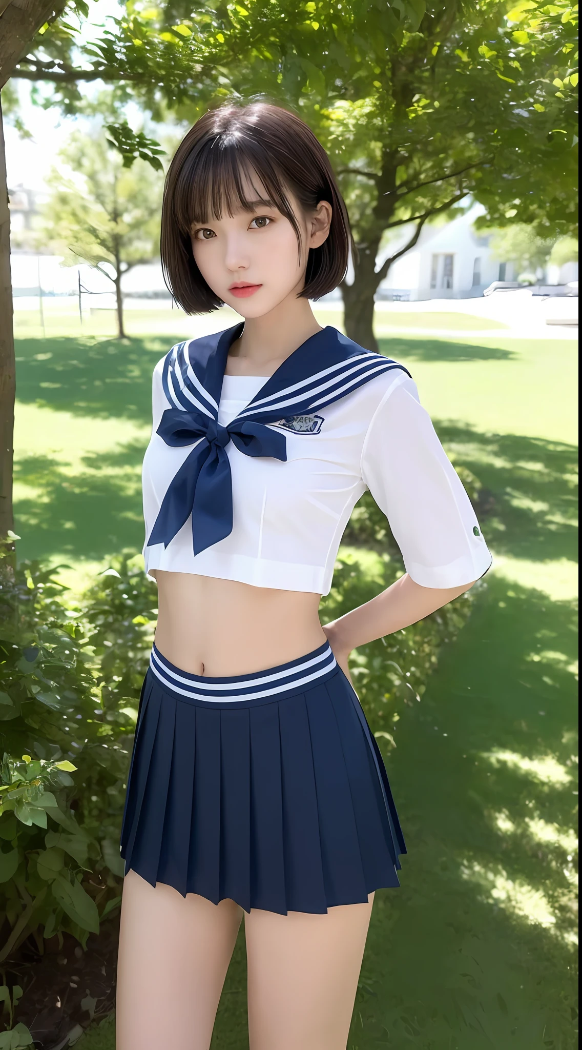 ((Top Quality, 8k, Masterpiece: 1.3)), 1 girl, Beauty with slender abs: 1.3, (Medium Short Hair, Big: 1.2), Sailor Suit: 1.1, Ultra Detailed Face, Detailed Eyes, Double Eyelids, Black Pleated Skirt, Full Body, Navel, Beautiful Legs, Thighs