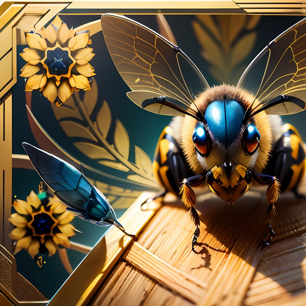 a golden emblem with a yellow wasp on it which has read eyes, blue background --auto --s2