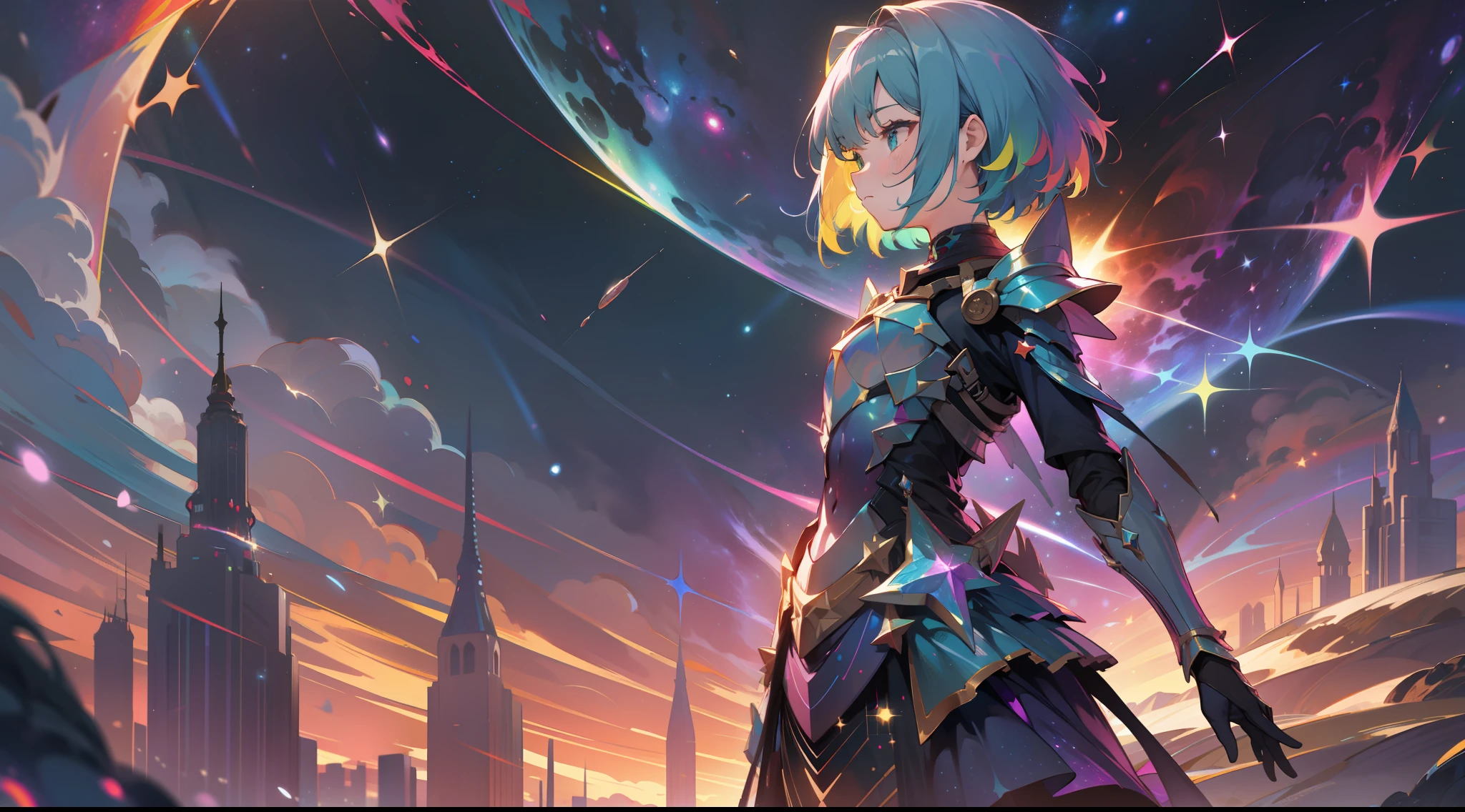 a girl, wildly rainbow colored short hair, dark fantasy, rainbow teal colored dress armor, standing, cosmic nebula background, stars, galaxies