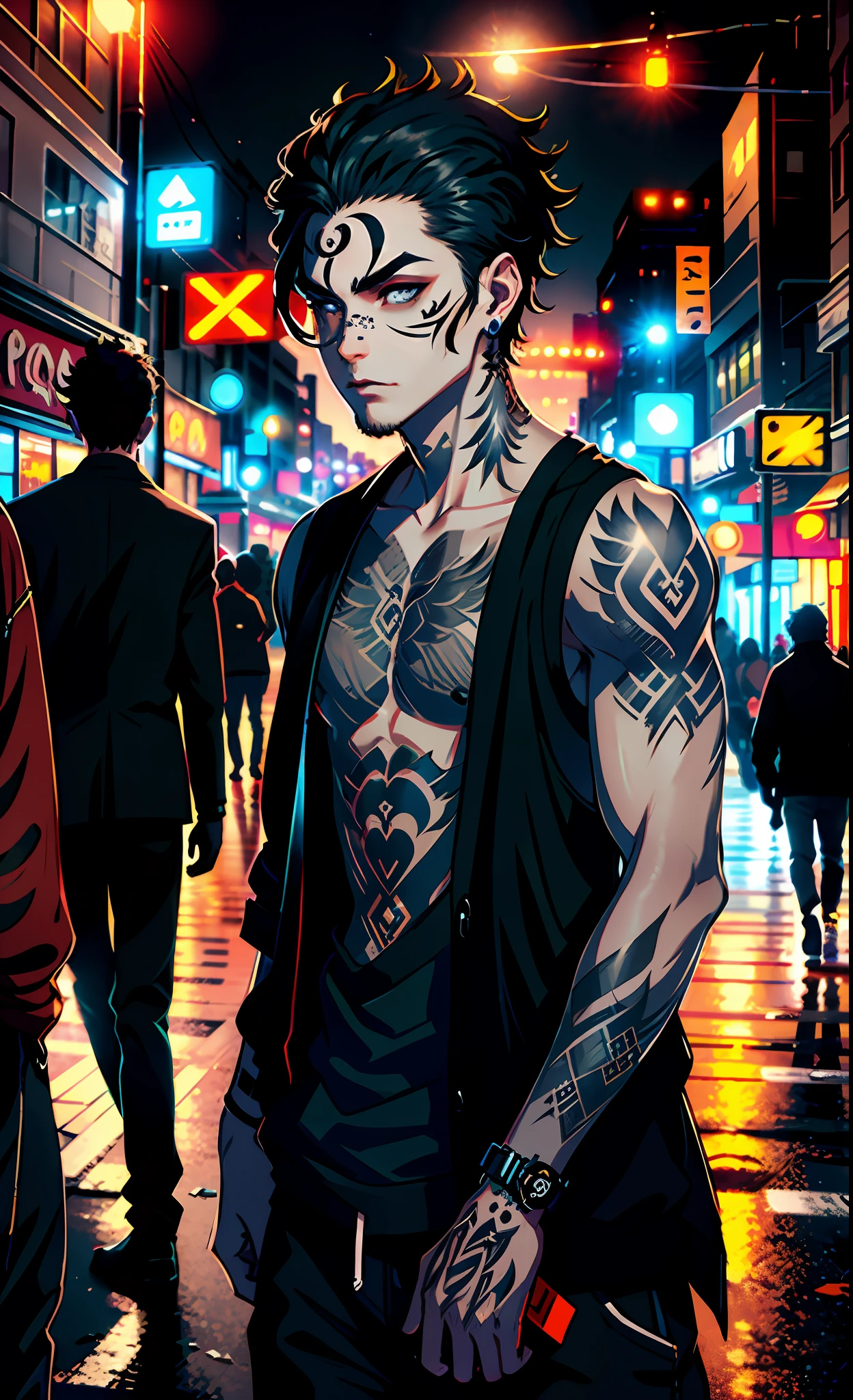 Creative inspiration: (1 man), (black tattoo: 1.2), (smoky makeup), (night city), (bustling street), (road perspective), halo effect