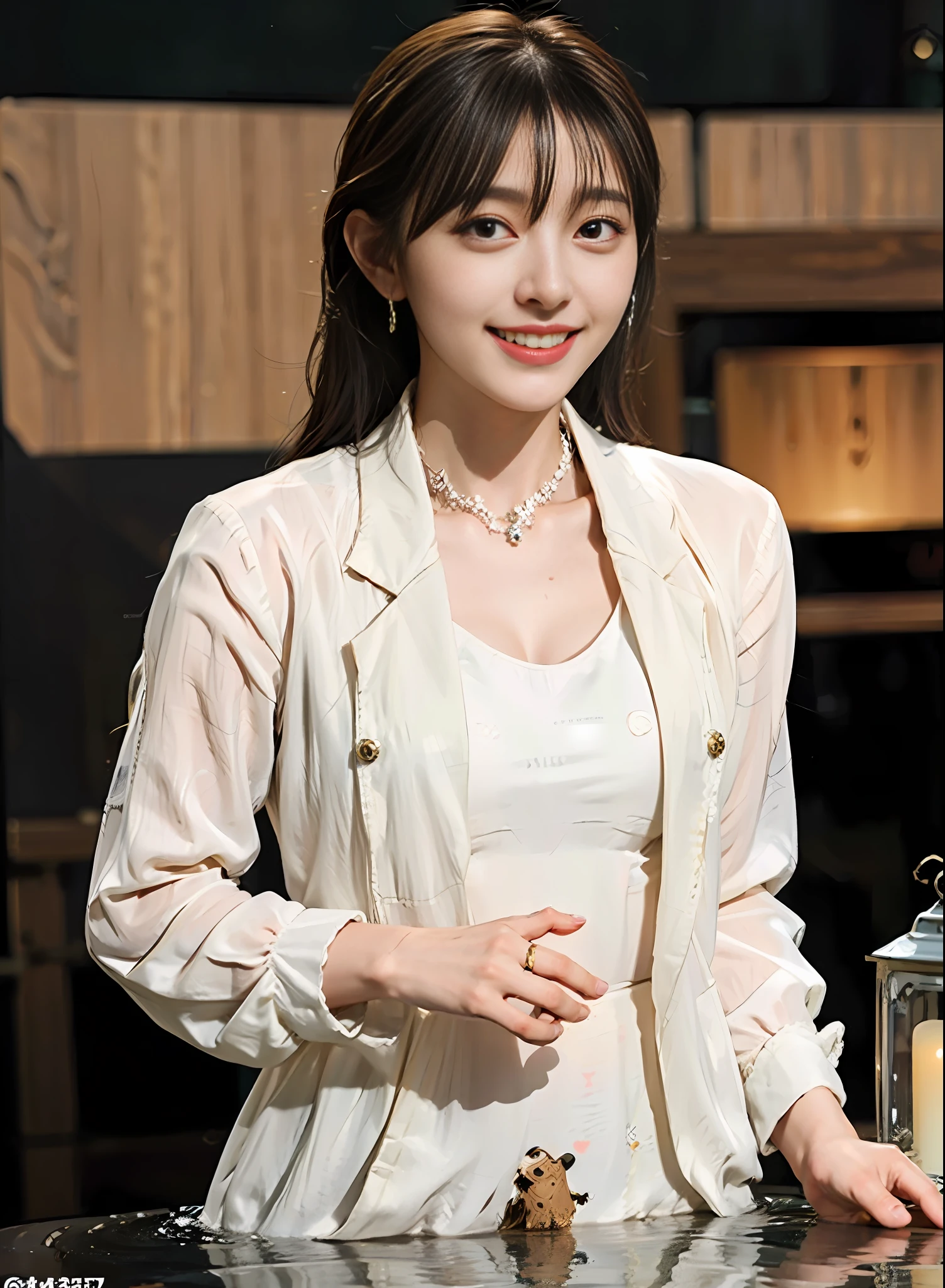 1girl, (top quality, masterpiece, ultra high definition, (photorealistic: 1.4), highly detailed, professional lighting smile, cute girl, beautiful smile), sheer white underwear, virtual YouTube, detailed skin texture, detailed cloth texture, beautiful and detailed face, collarbone, (ULZZANG-6500-V1.1:0.4), Tokyo, ((Luxuriously immersed in hot springs)). Full body view. (The head of the nipple and the toe of the camel are visible)