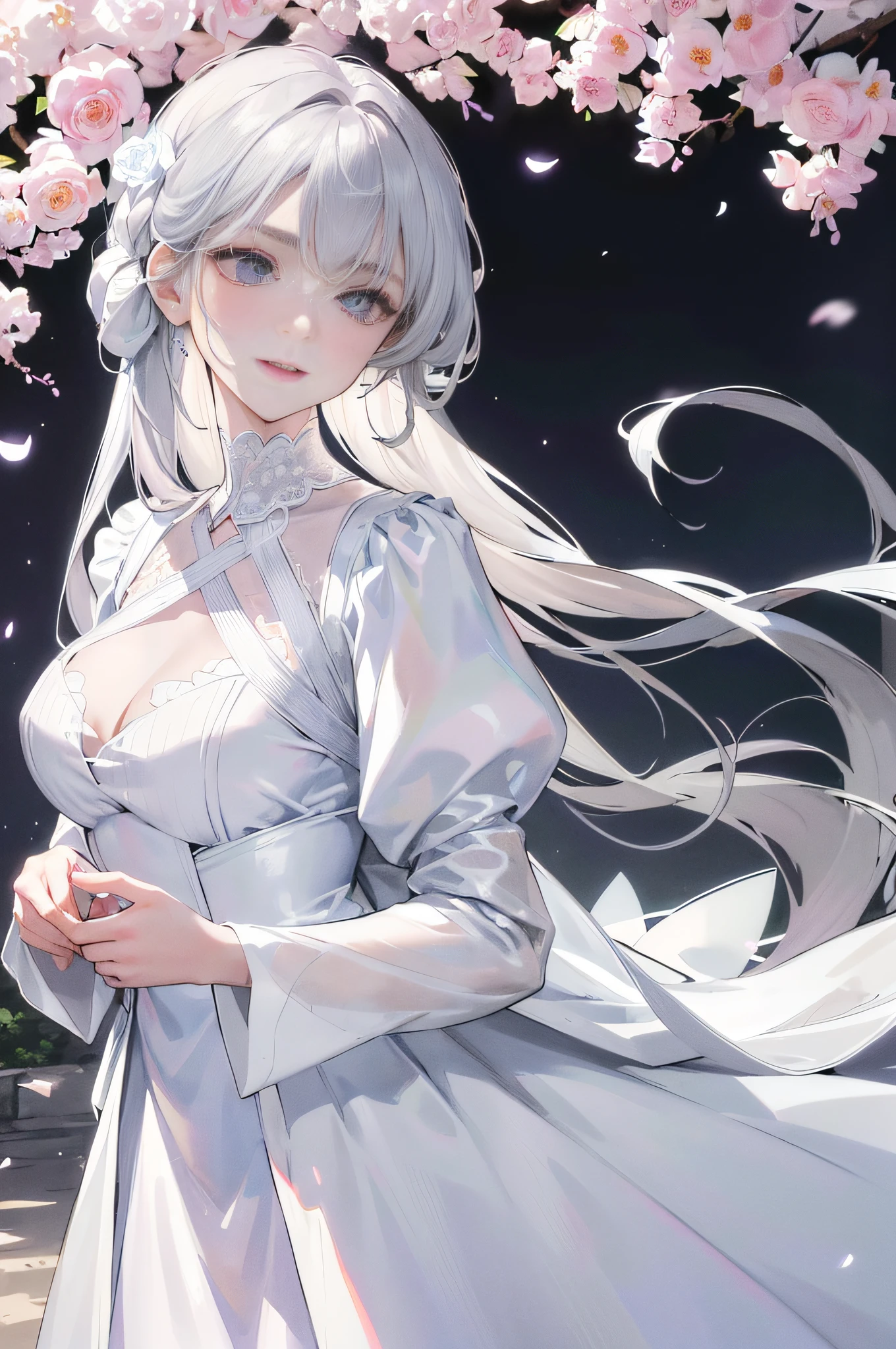 Masterpiece, Superb Product, Daytime, Outdoor, Falling Flowers, White Dress, 1 Girl, Perfect Woman, Silver and White Long Haired Woman, Gray Blue Eyes, Pale Pink Lips, Cold, Serious, Bang, Purple Eyes, White Clothes, Black Clothing Pattern, Delicate Face, Exquisite Face, Exquisite Face, Standing, Bow, Tassel, Happiness Knot, Smile