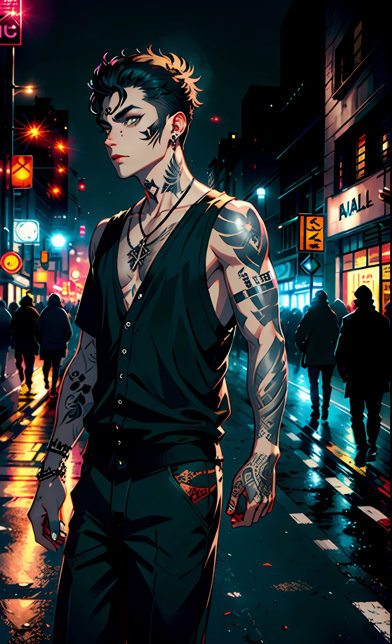 Creative inspiration: (1 man), (black tattoo: 1.2), (smoky makeup), (night city), (bustling street), (road perspective), halo effect