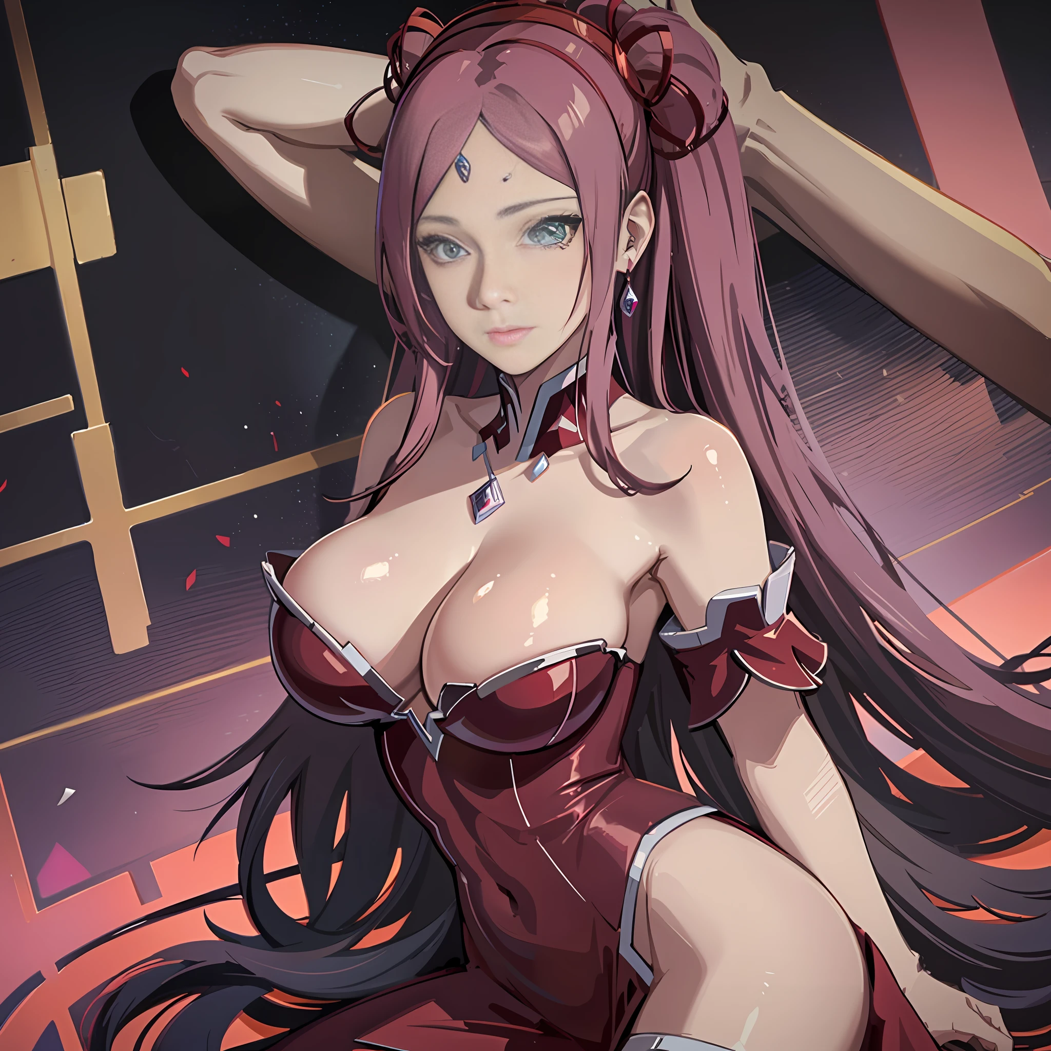 a close up of a woman in a red dress with long hair, beautiful alluring anime woman, a beautiful fantasy empress, inspired by Du Qiong, seductive tifa lockhart portrait, ((a beautiful fantasy empress)), seductive anime girl, beautiful anime woman, glamorous tifa lockheart, beautiful avatar pictures, mai shiranui, lady in pink armor, Hinata, (lingerie:1.2), photo realistic, upon_body, tyndall effect, photorealistic, dark studio, rim lighting, two tone lighting, (high detailed skin:1.2), 8k uhd, dslr, soft lighting, high quality, volumetric lighting, candid, Photograph, high resolution, 4k, 8k, Bokeh, breast out, (nude:0.9), (purple eyes color), (transparent armor:1.0), gigantic breast,