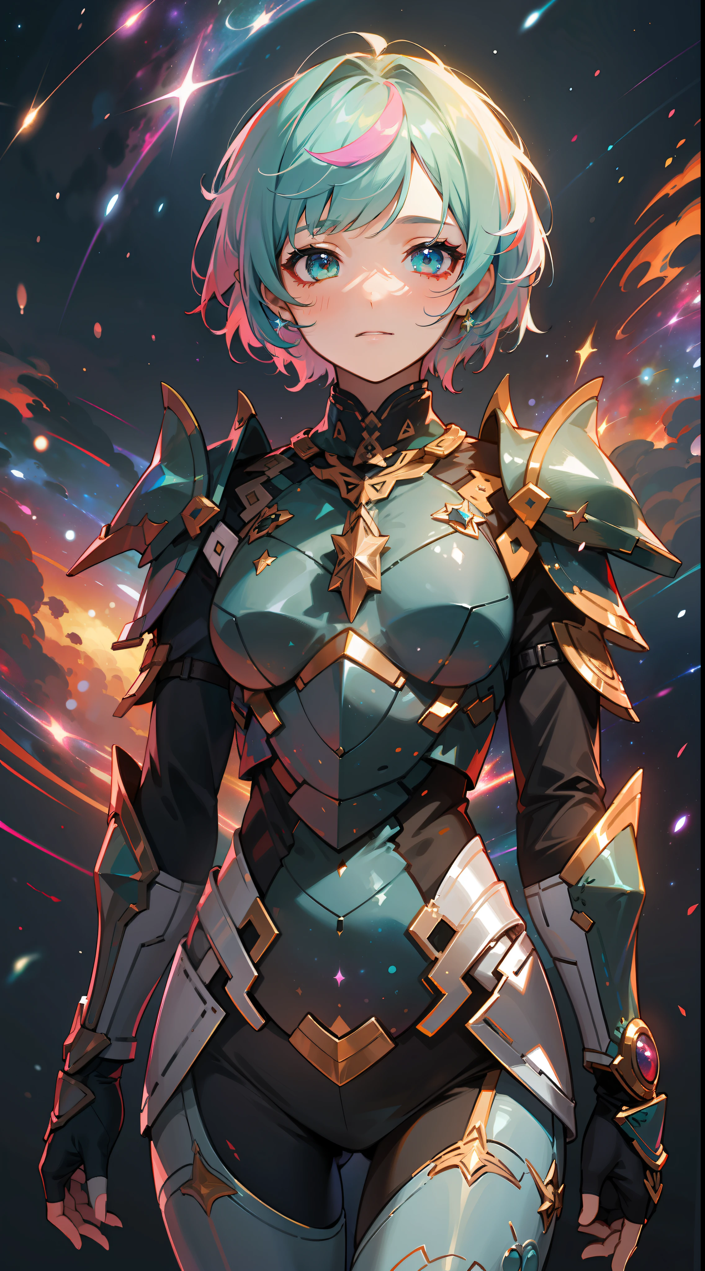 a girl, wildly rainbow colored short hair, dark fantasy, teal colored armor, standing, cosmic nebula background, stars, galaxies