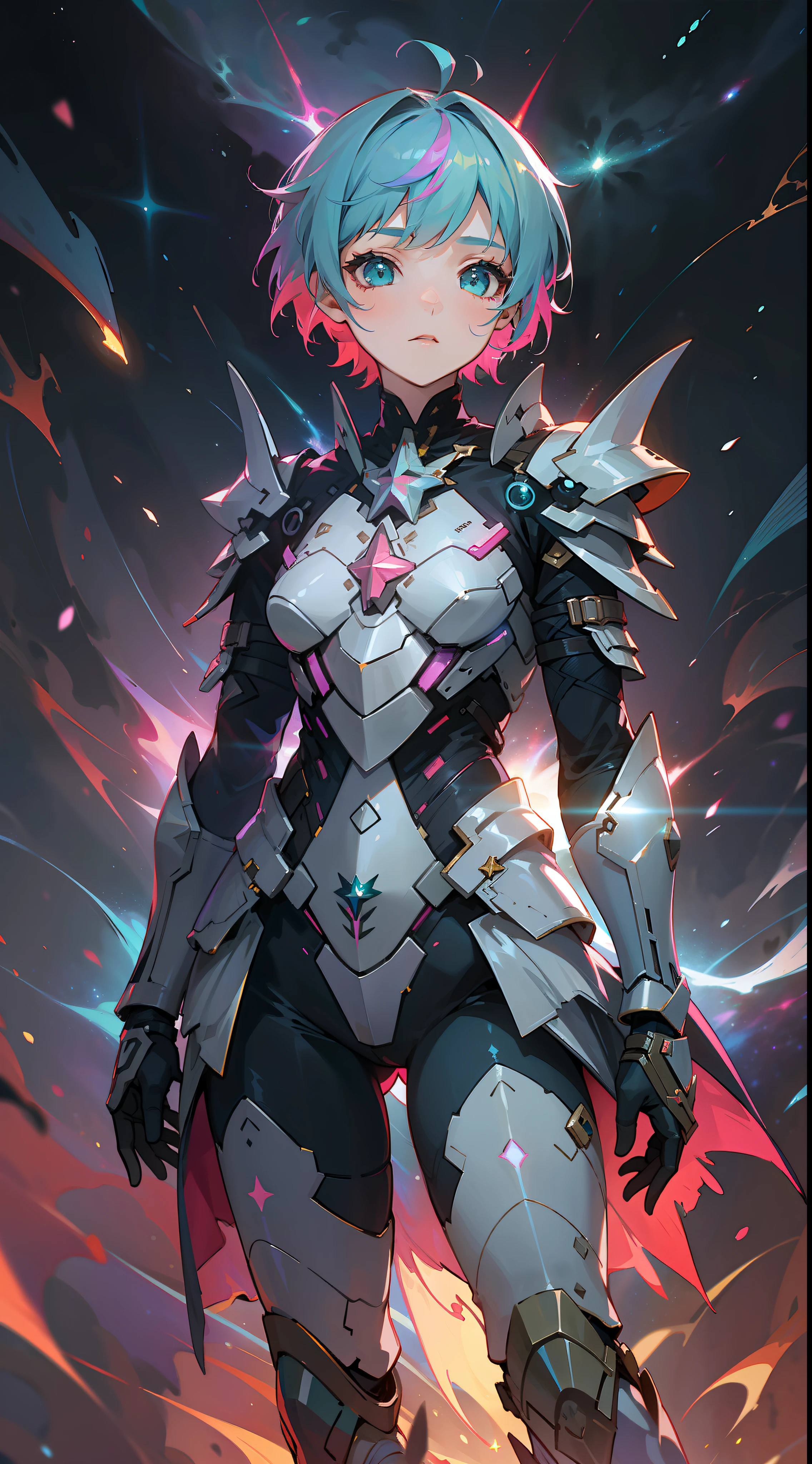 a girl, wildly rainbow colored short hair, dark fantasy, teal colored armor, standing, cosmic nebula background, stars, galaxies
