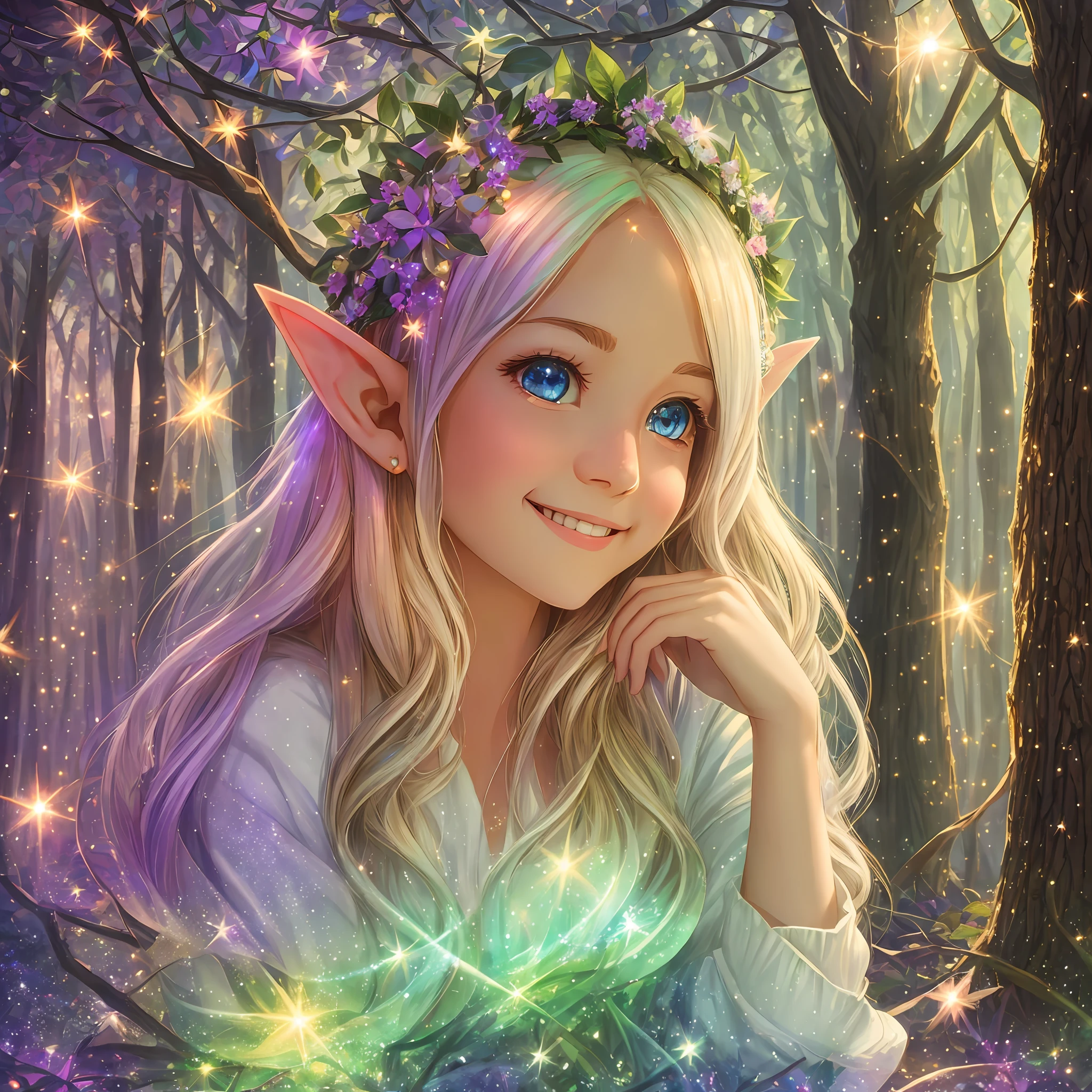 Mysterious, High Quality, Cute Elf, Heavenly Forest, Radiance, Gentle Smile, Light, Halo, Happiness, Misha, Lassen, Glitter, Firefly --auto --s2