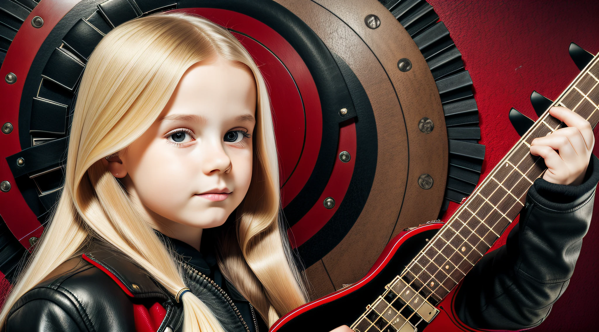 Russian style, girl children, portrait, long blonde hair with red leather jacket and black clothing, background with amplifiers and guitars,. --auto --s2